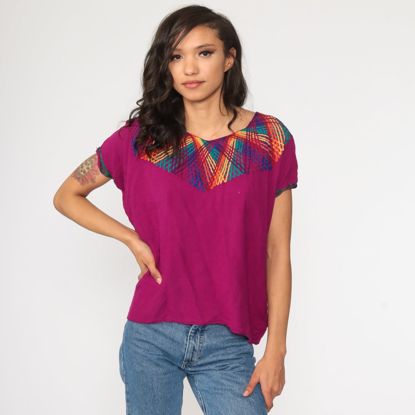 90s Purple Rainbow Striped Tunic Top Short Sleeve Small S