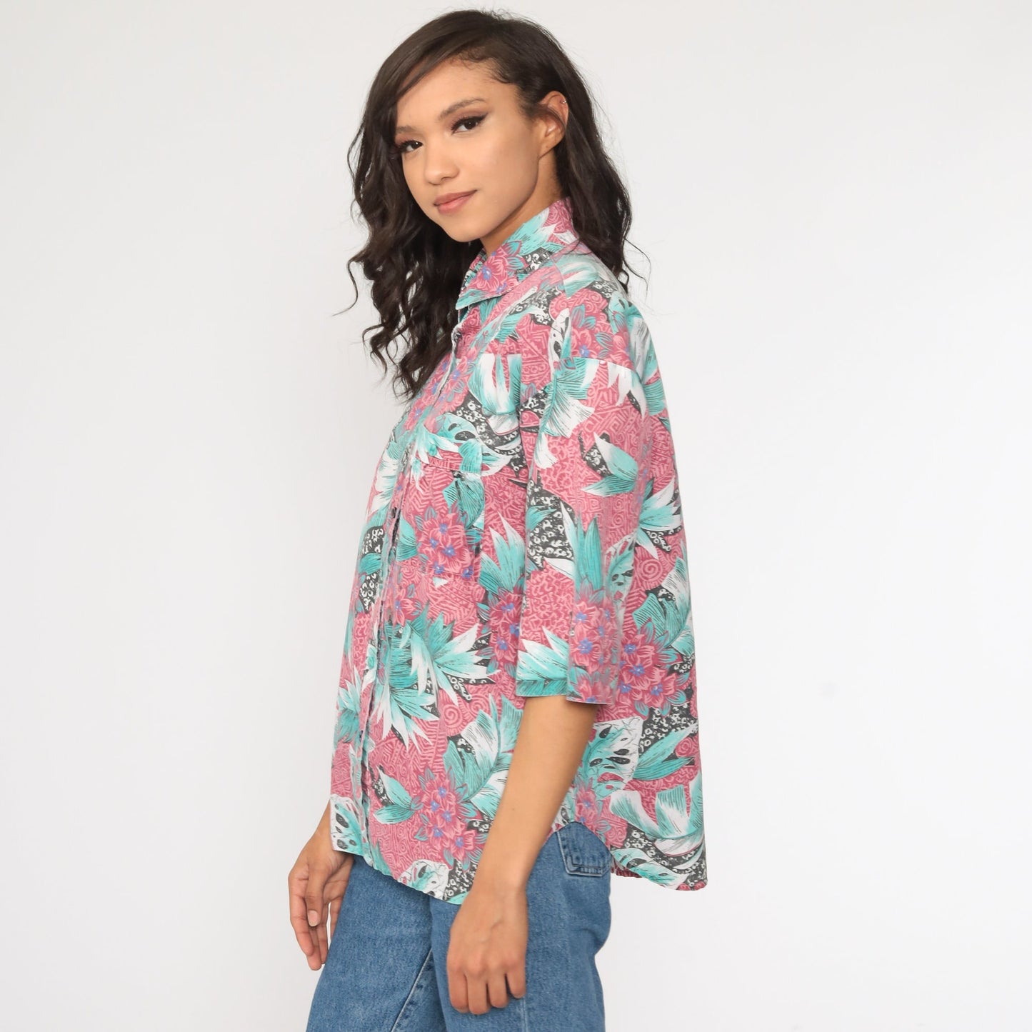 80s Tropical Floral Button-Up Shirt Green Pink Leaf Print Medium Large