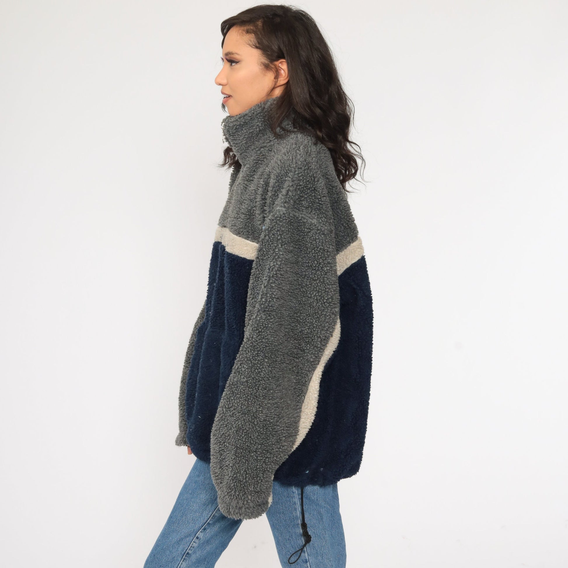 90s Navy Grey Colour Block Fleece Half-Zip Pullover Jacket Large