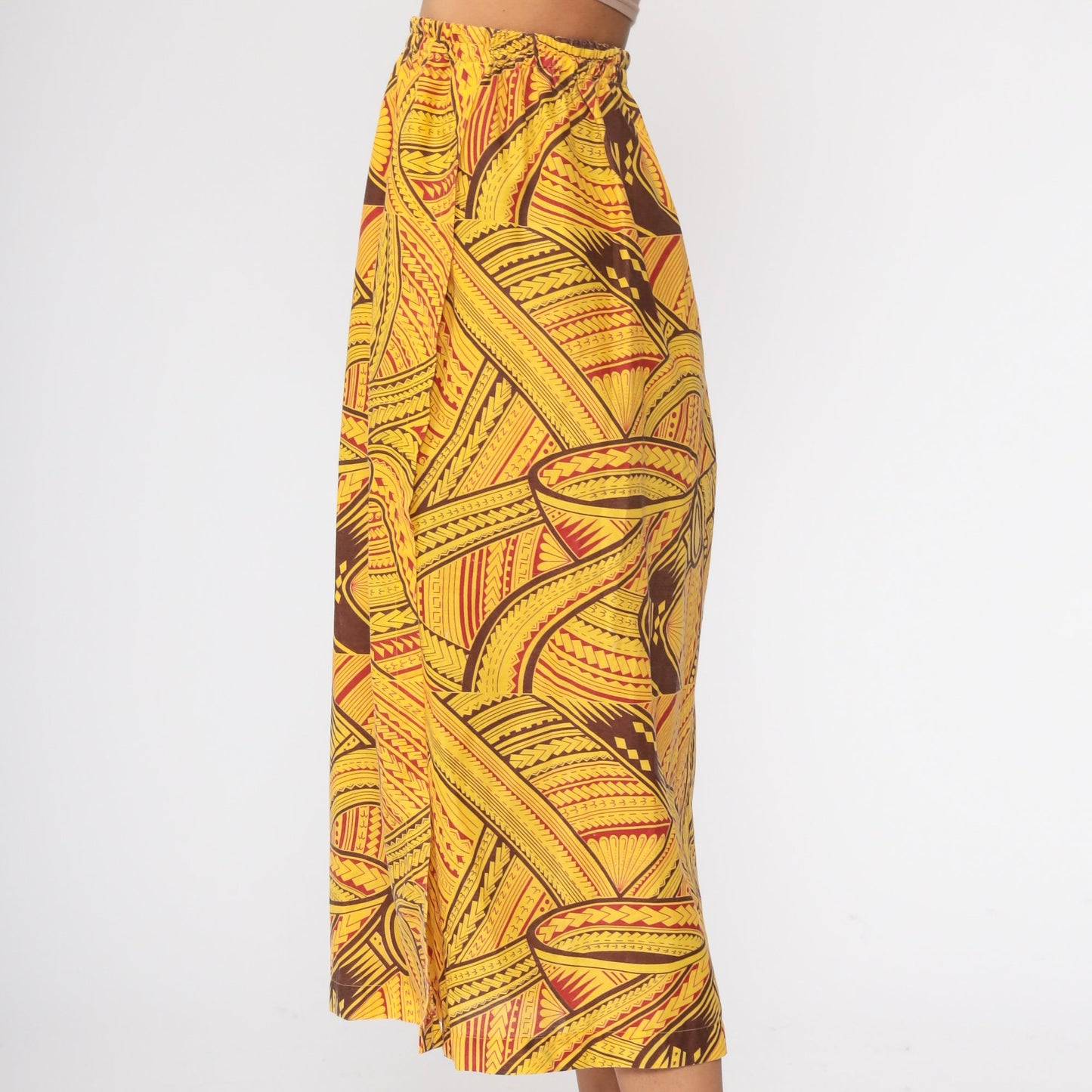 80s African Print Yellow Midi Skirt Elastic Waist Small Medium
