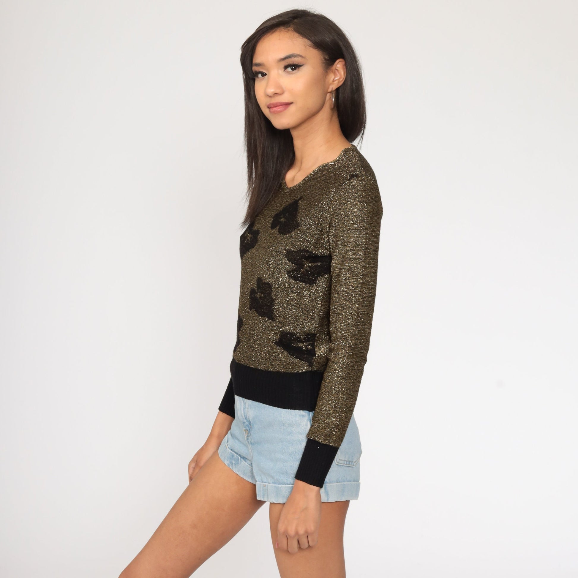 80s Metallic Leaf Sweater Black Gold Glitter Knit Pullover Extra Small XXS