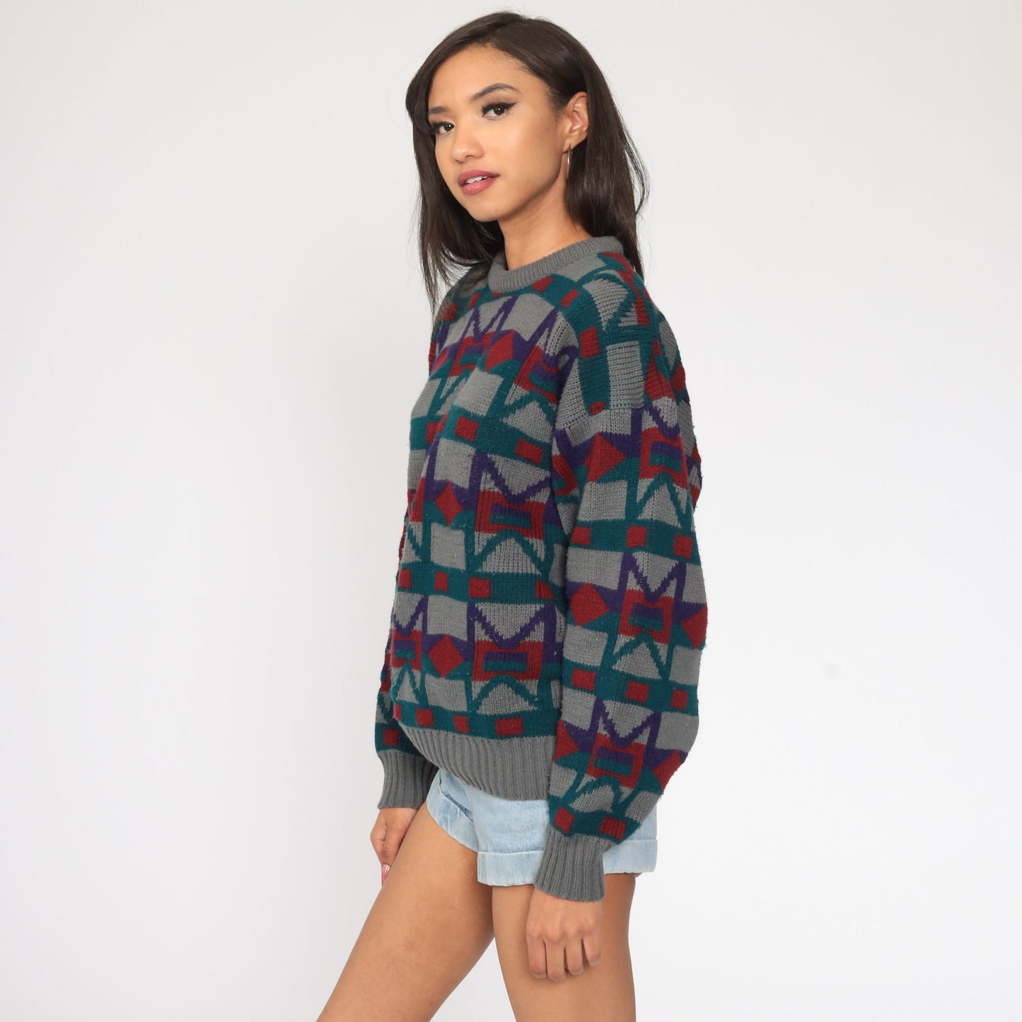 80s Geometric Print Knit Sweater Grey Pullover Large