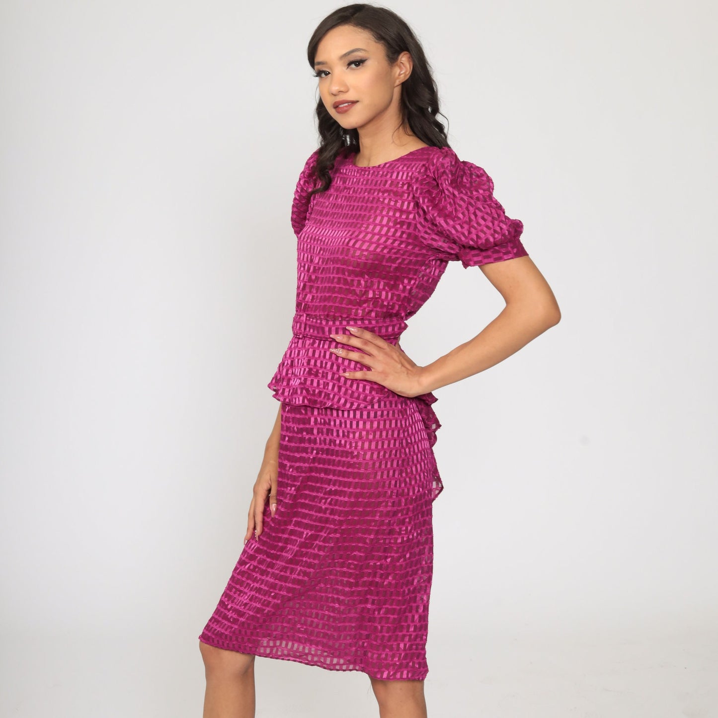 80s Purple Sheer Midi Dress Puff Sleeve High Waisted Peplum Small