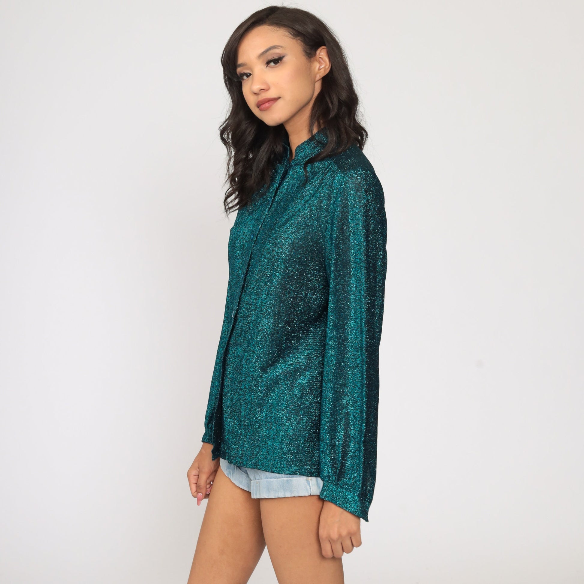 Metallic Blue Sheer Button-Up Blouse Long Sleeve 90s Medium
