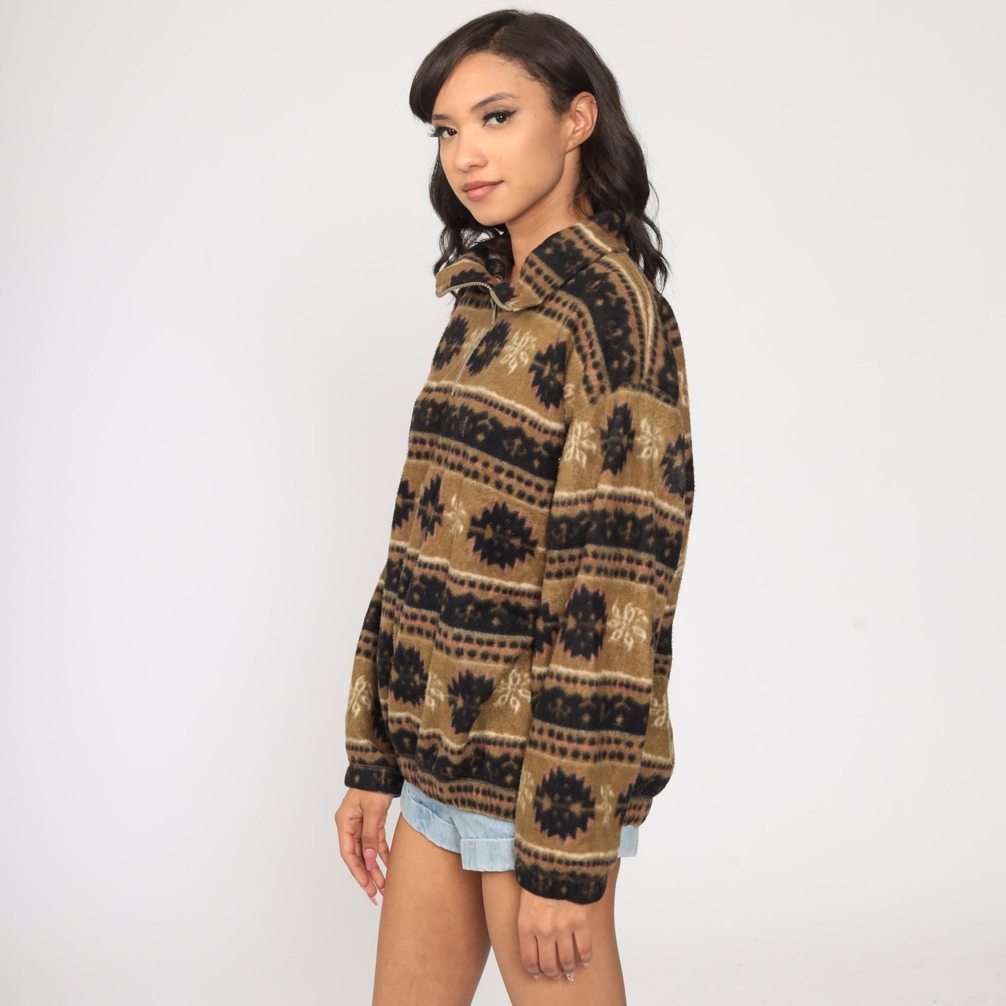 90s Bugle Boy Fleece Pullover Jacket Brown Geometric Quarter Zip Medium