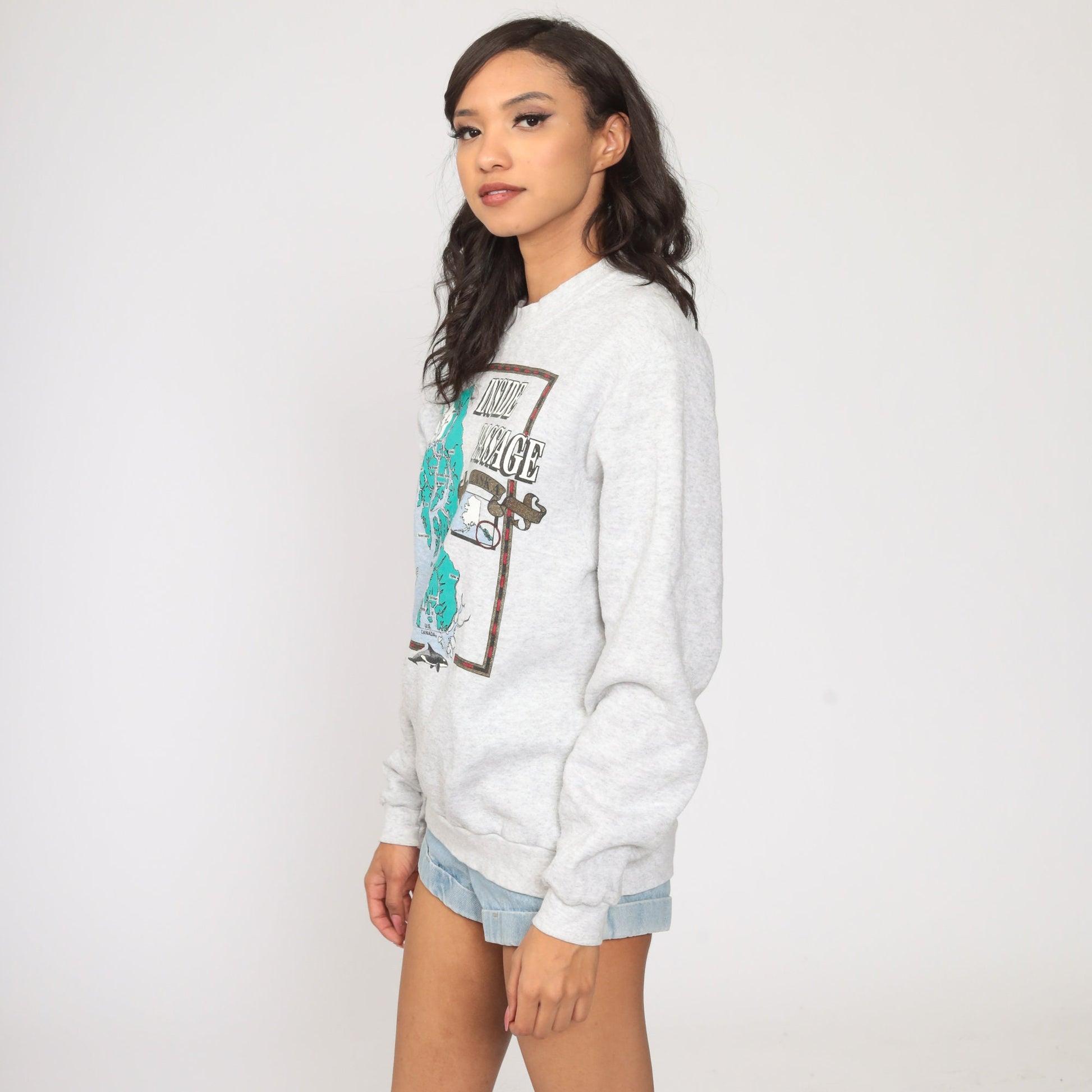 90s Alaska Inside Passage Whale Sweatshirt Grey Crewneck Extra Small