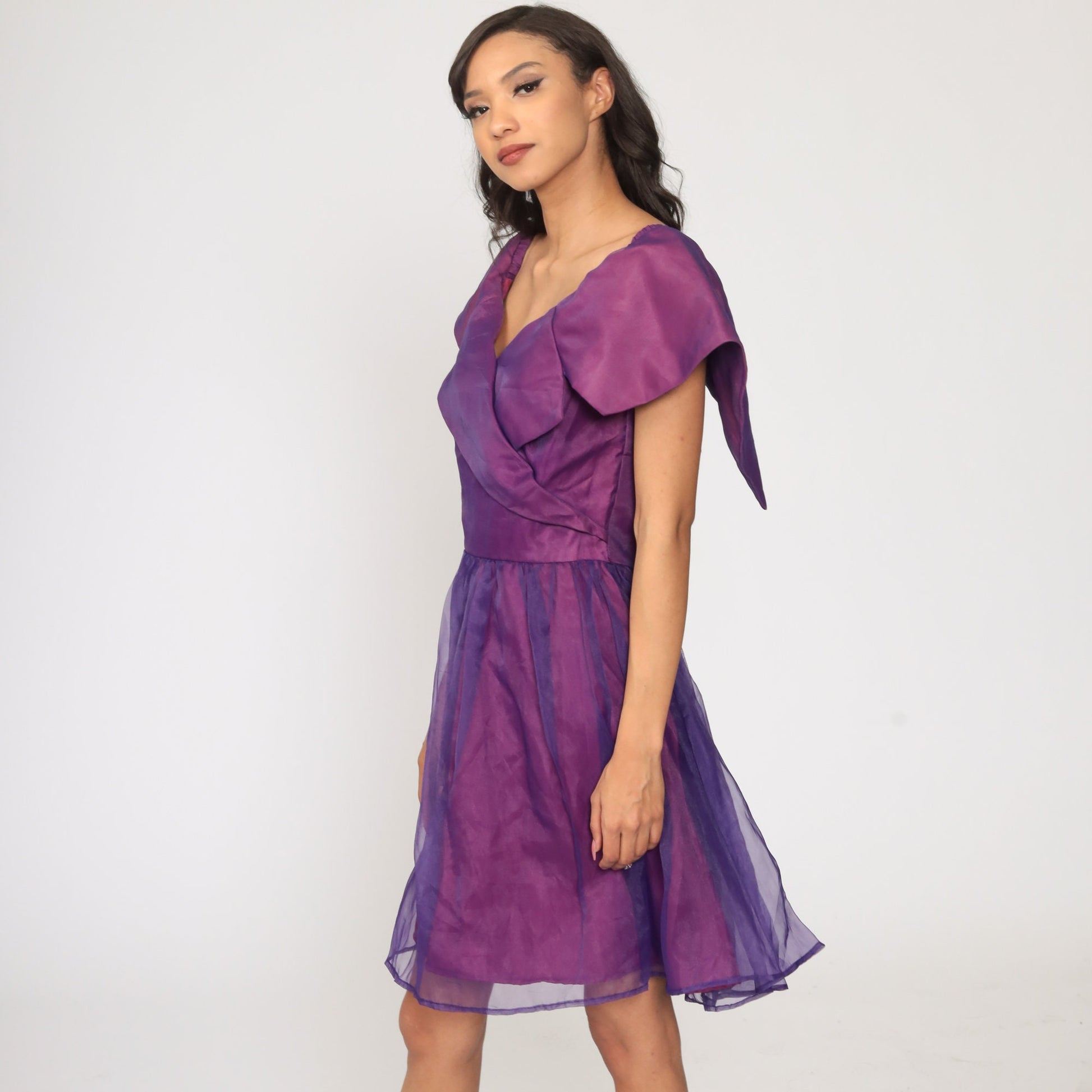 70s Purple Organza Wrap Dress High Waist Deep V Neck Mini Small