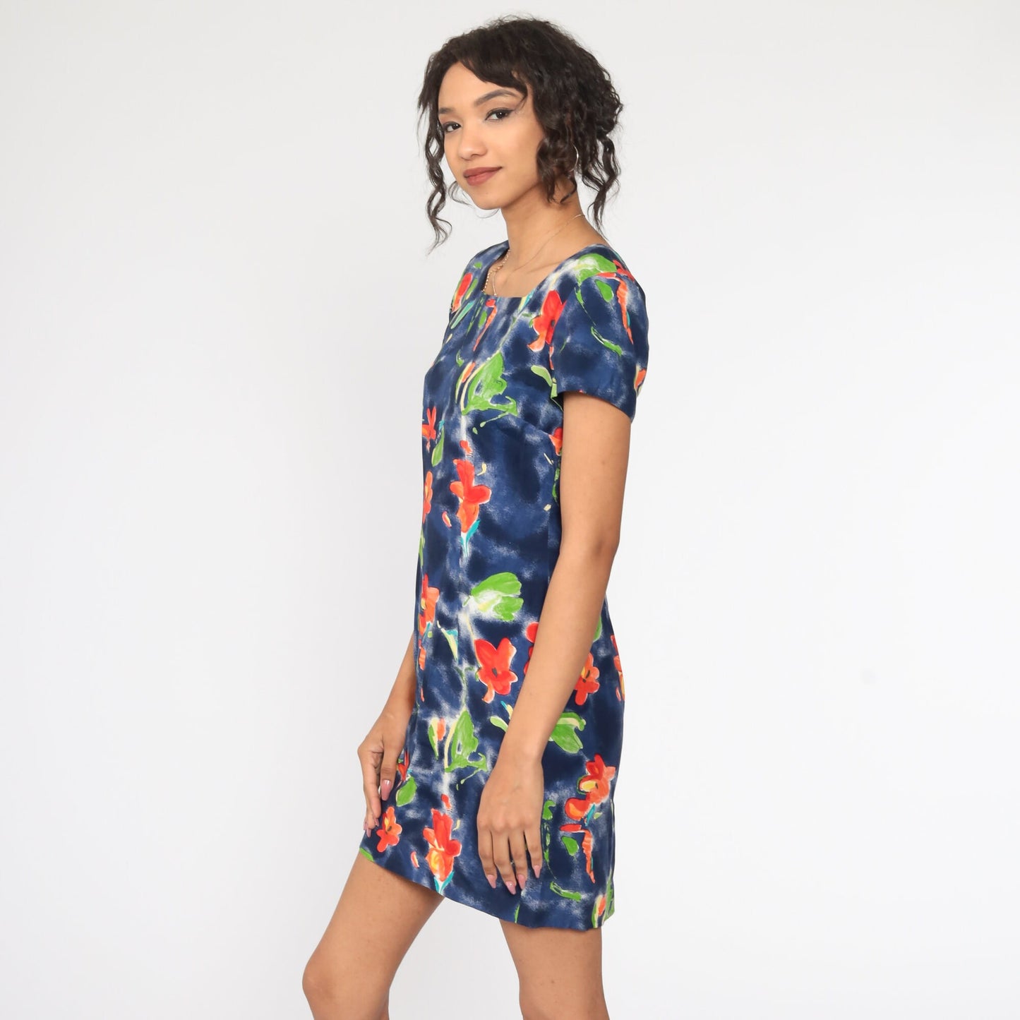 90s Jessica Howard Floral Mini Dress Blue Watercolor Sheath Short Sleeve Small