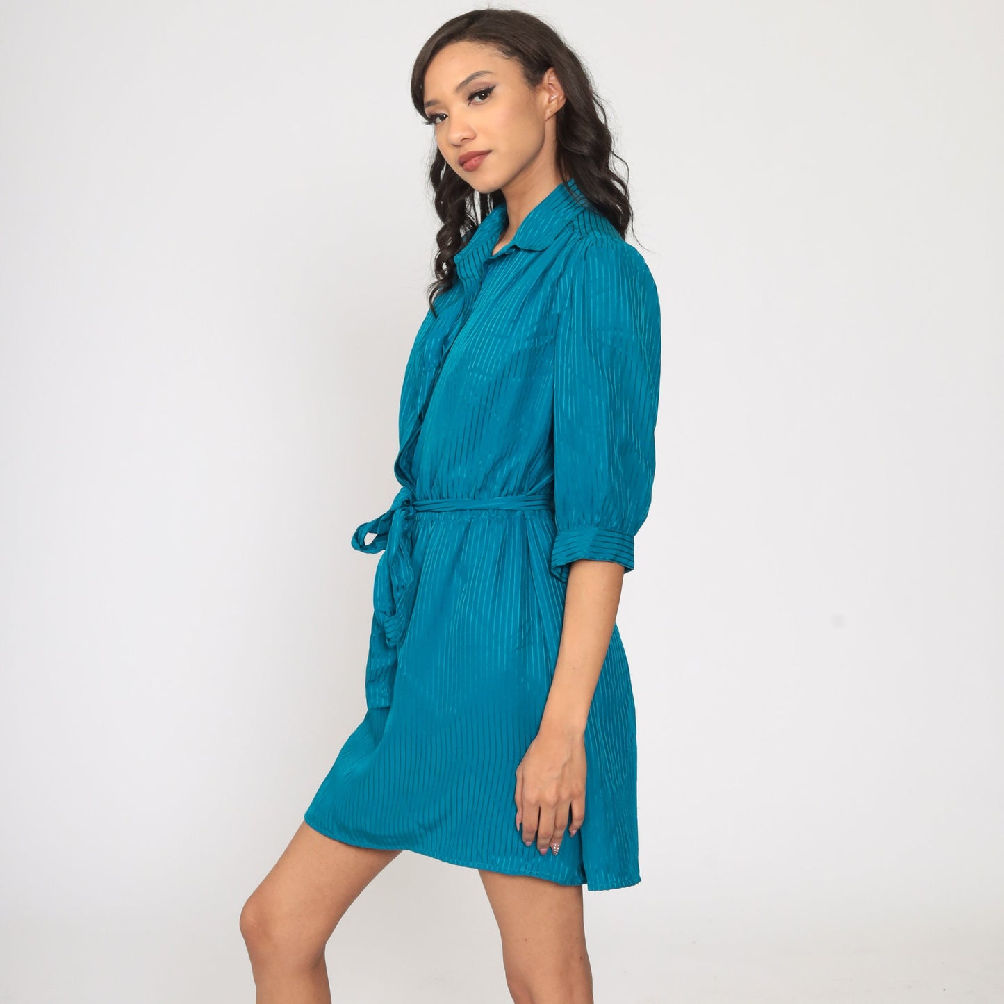 80s Blue Pinstriped Puff Sleeve Mini Dress High Waisted Button Up Large L