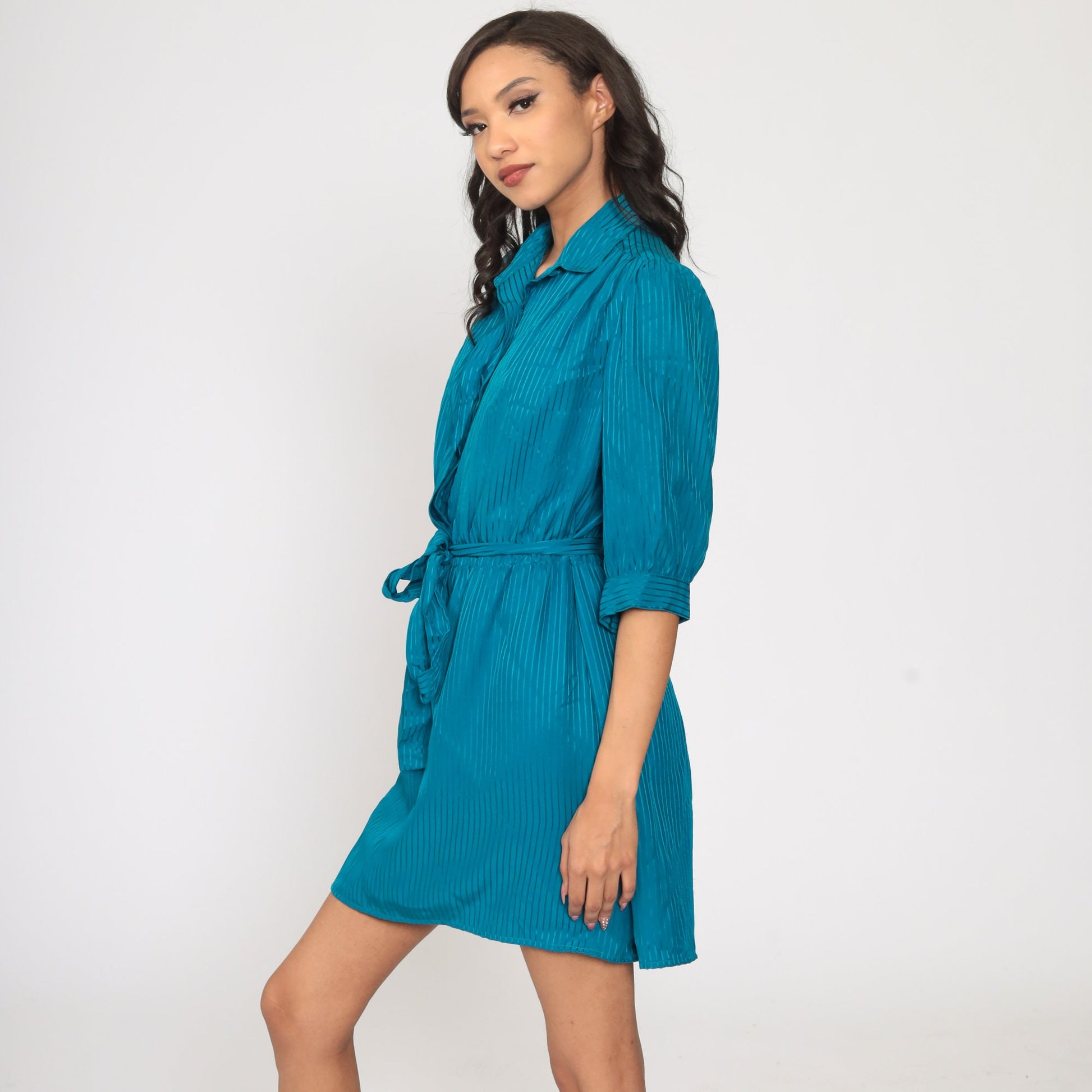 80s Blue Pinstriped Puff Sleeve Mini Dress High Waisted Button Up Large L