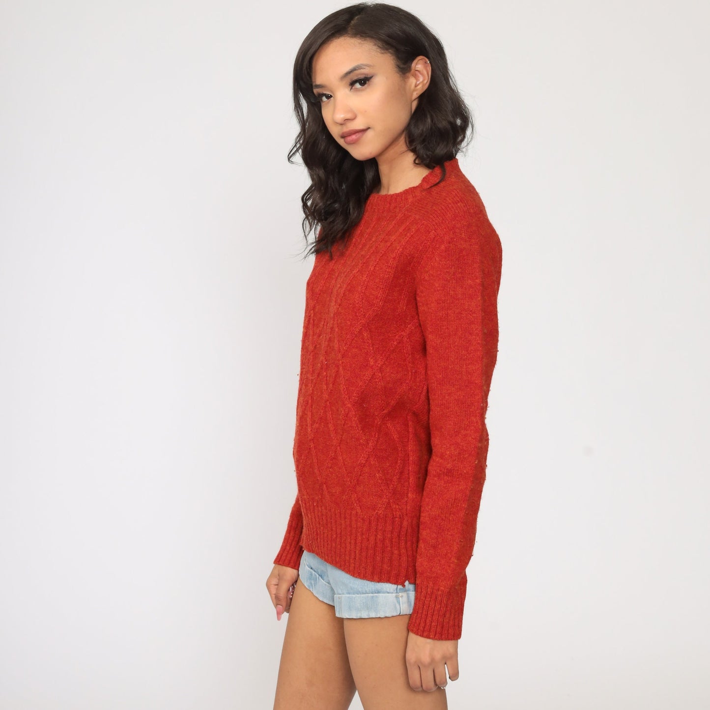 80s Red Wool Sweater Lattice Knit Crewneck Pullover Medium