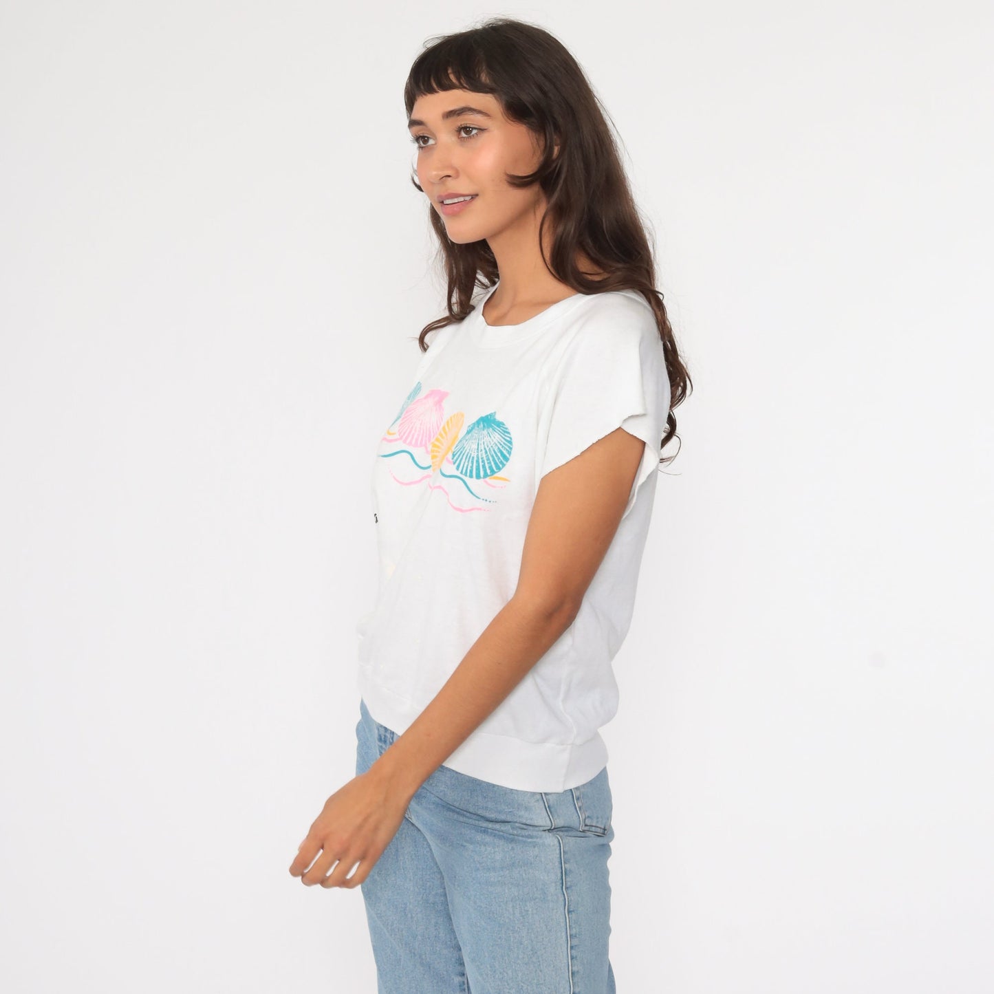 80s Florida Seashell Graphic T-Shirt White Cotton Tee Medium Large
