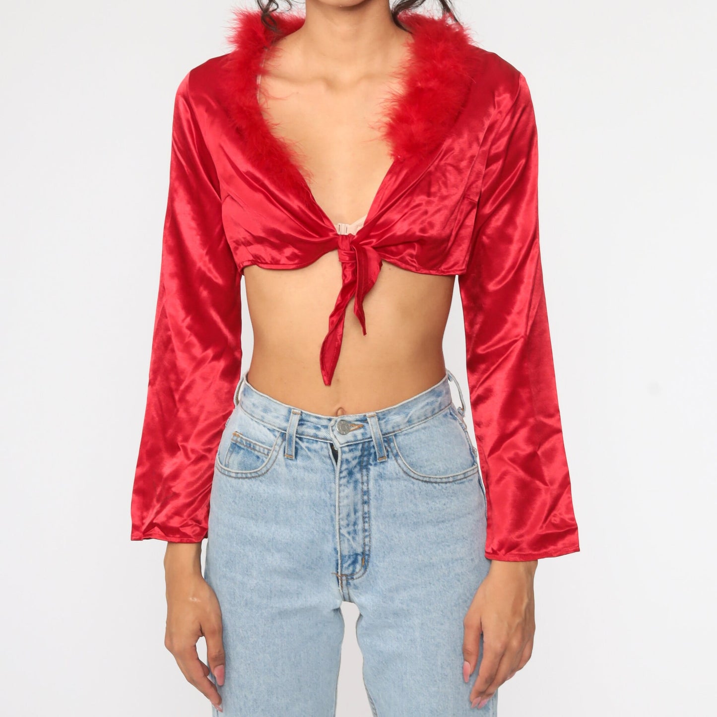 Y2K Red Satin Crop Top Feather Trim Long Sleeve Tie Waist Small