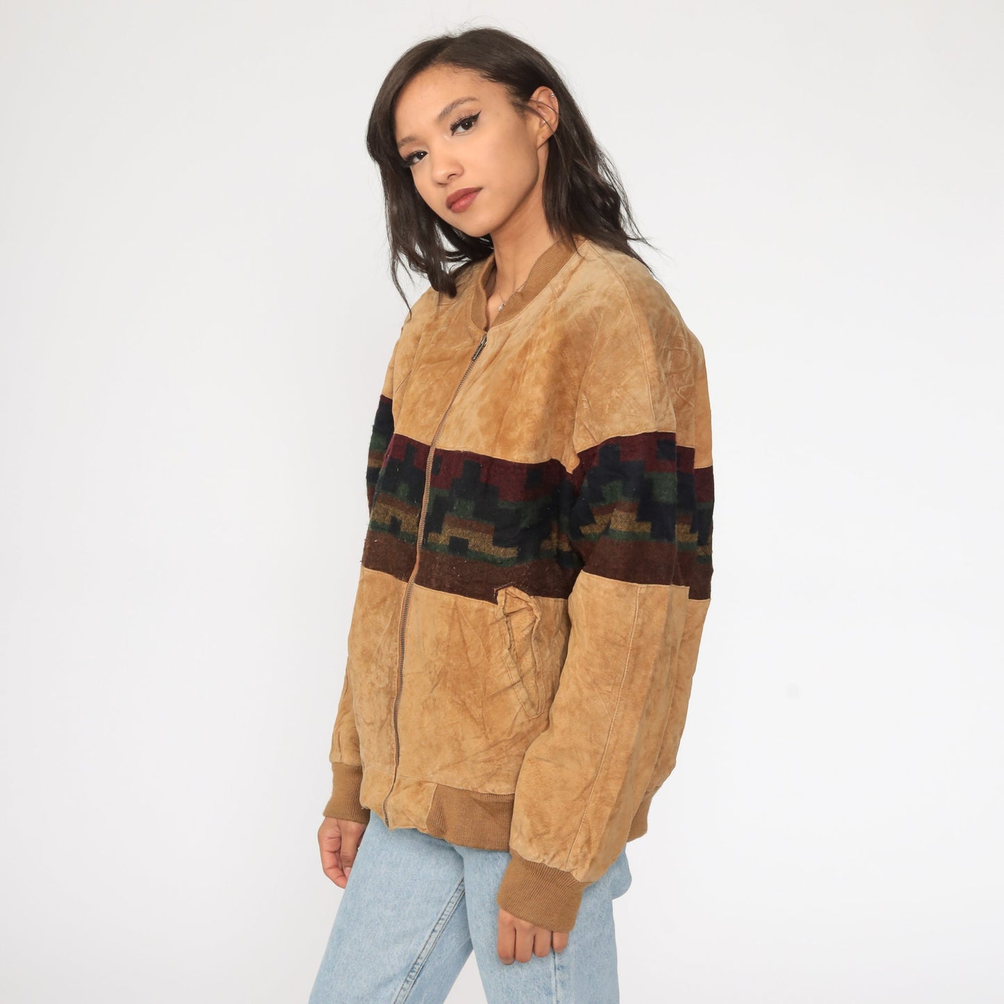 80s Brown Suede Leather Jacket Southwestern Tribal Print Bomber Large L