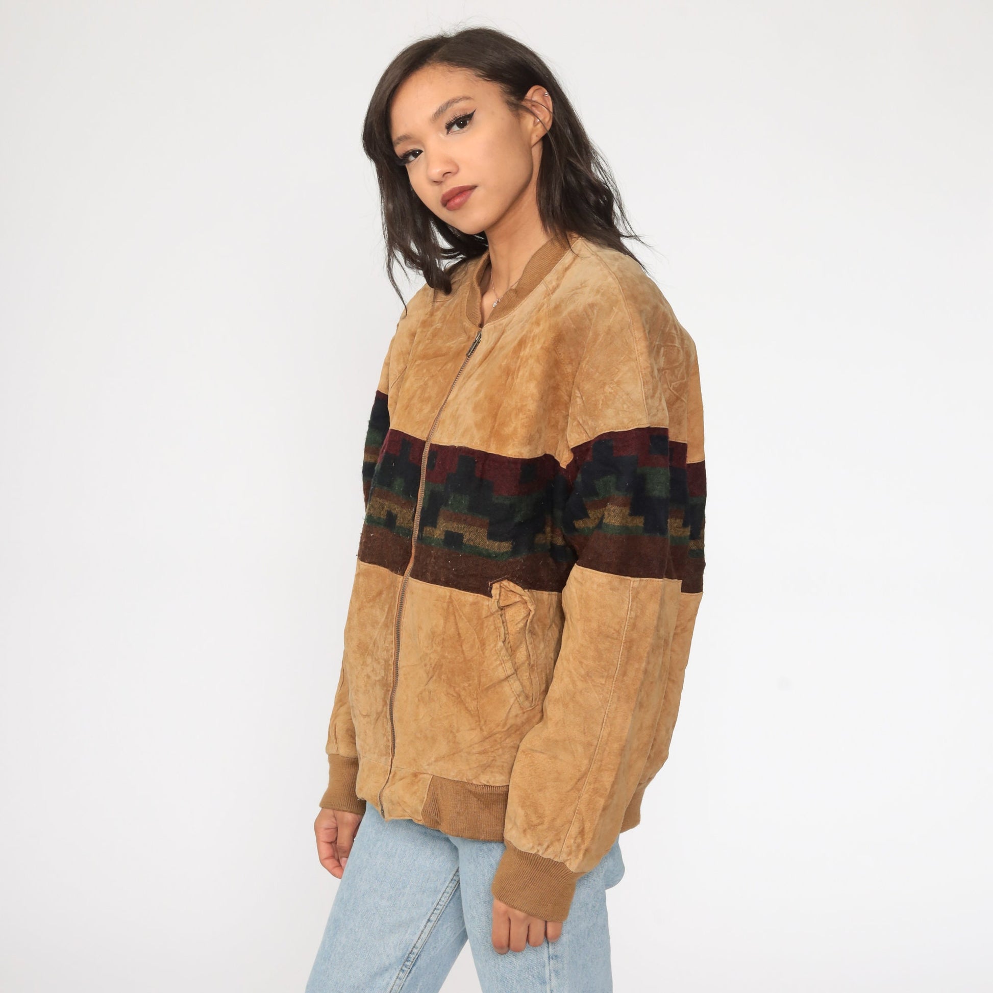 80s Brown Suede Leather Jacket Southwestern Tribal Print Bomber Large L