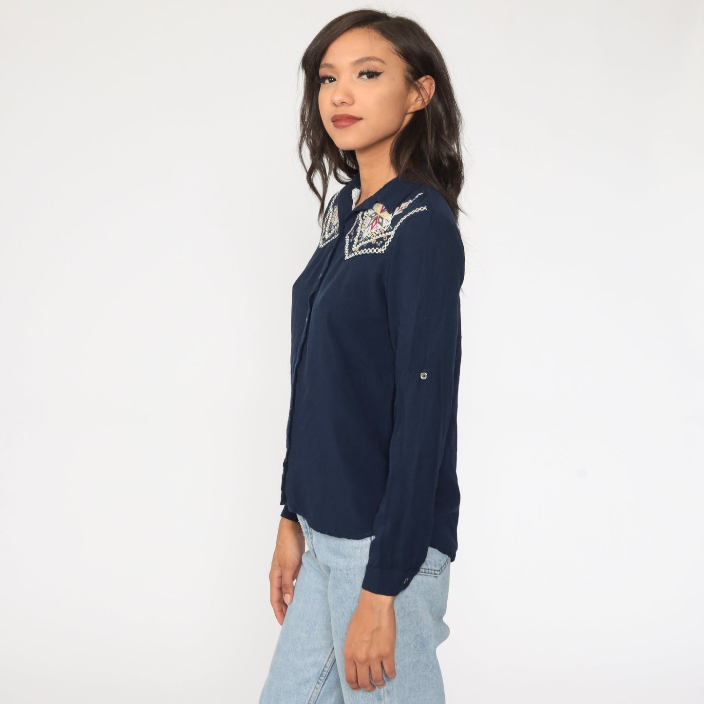 90s Navy Beaded Embroidered Floral Button-Up Blouse Long Sleeve Small