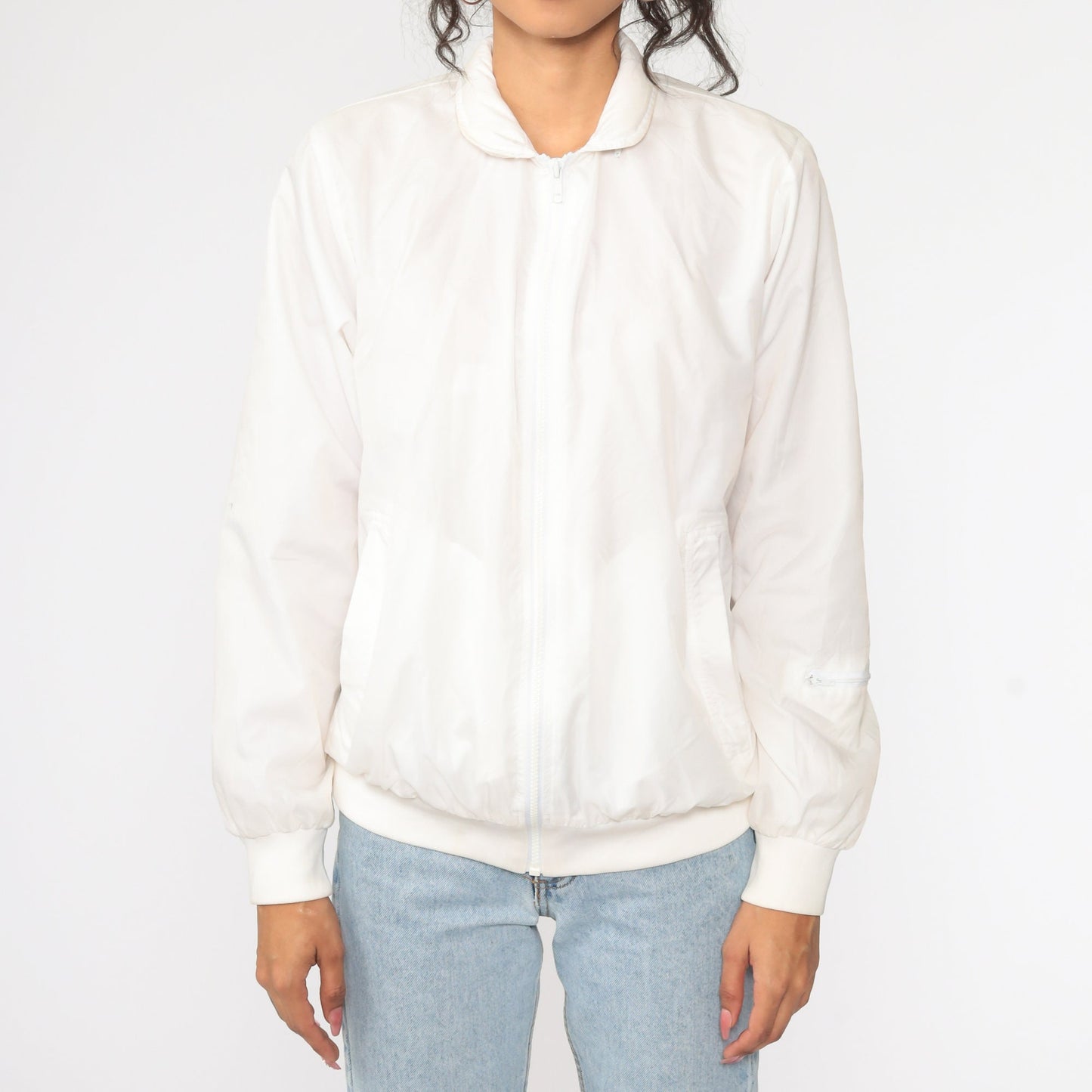 80s White Nylon Windbreaker Jacket Bomber Cut Small