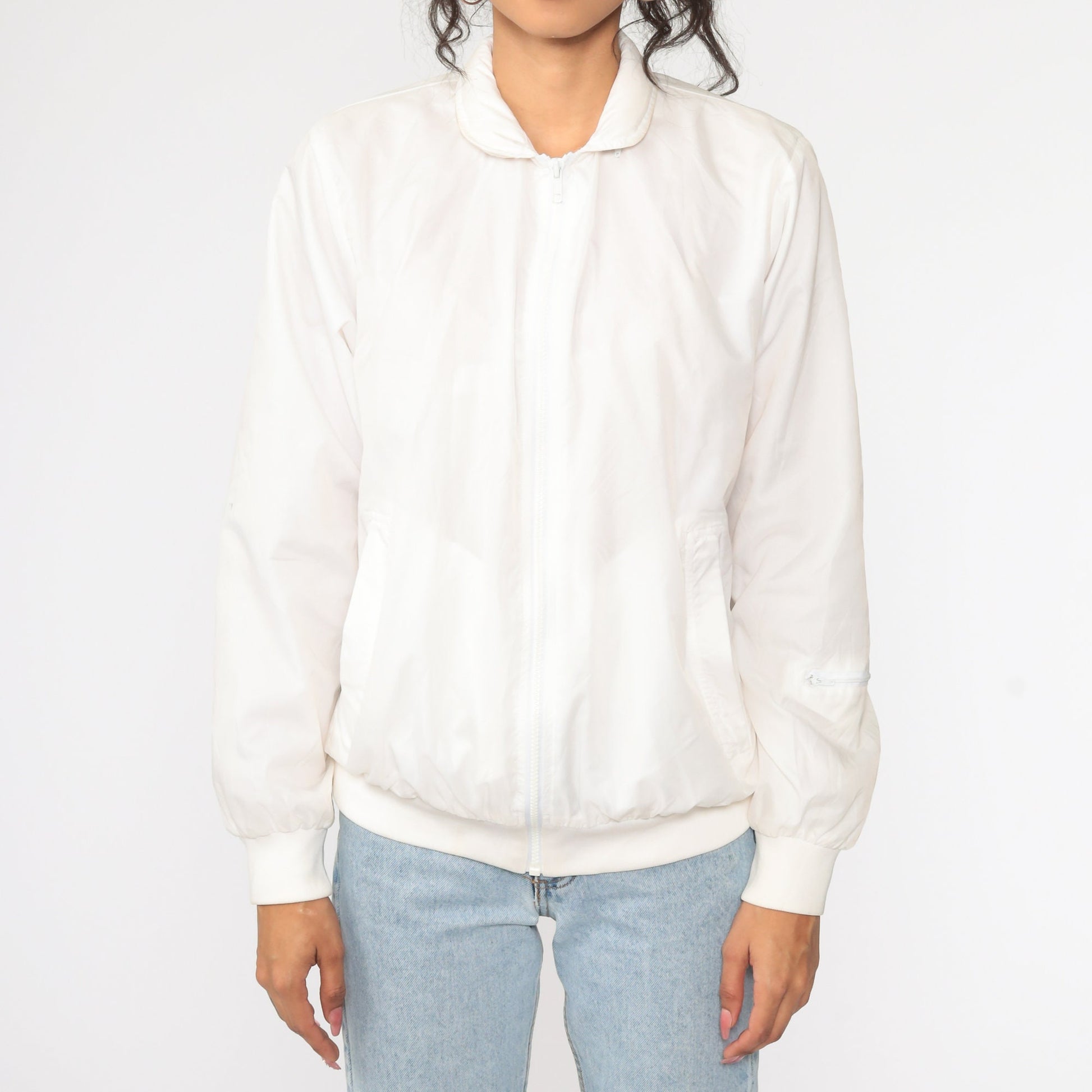 80s White Nylon Windbreaker Jacket Bomber Cut Small