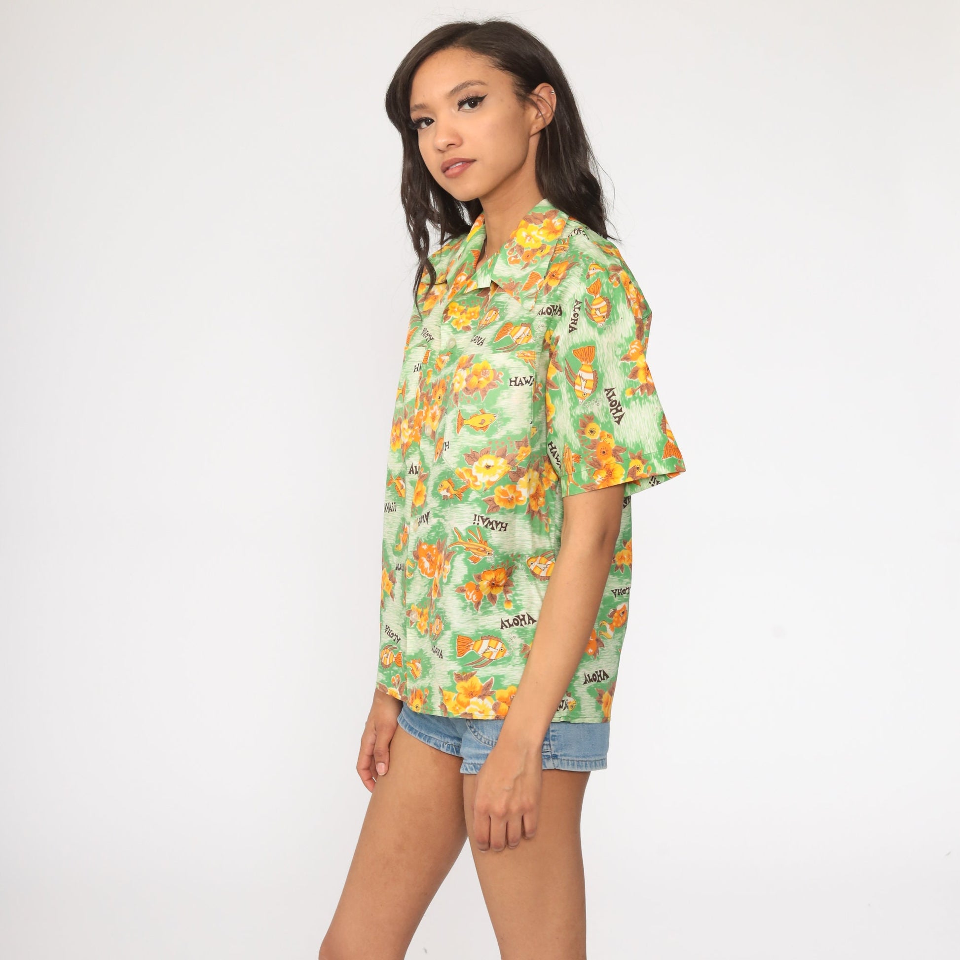 70s Hawaiian Shirt Tropical Fish Floral Button Up Unisex Medium Large