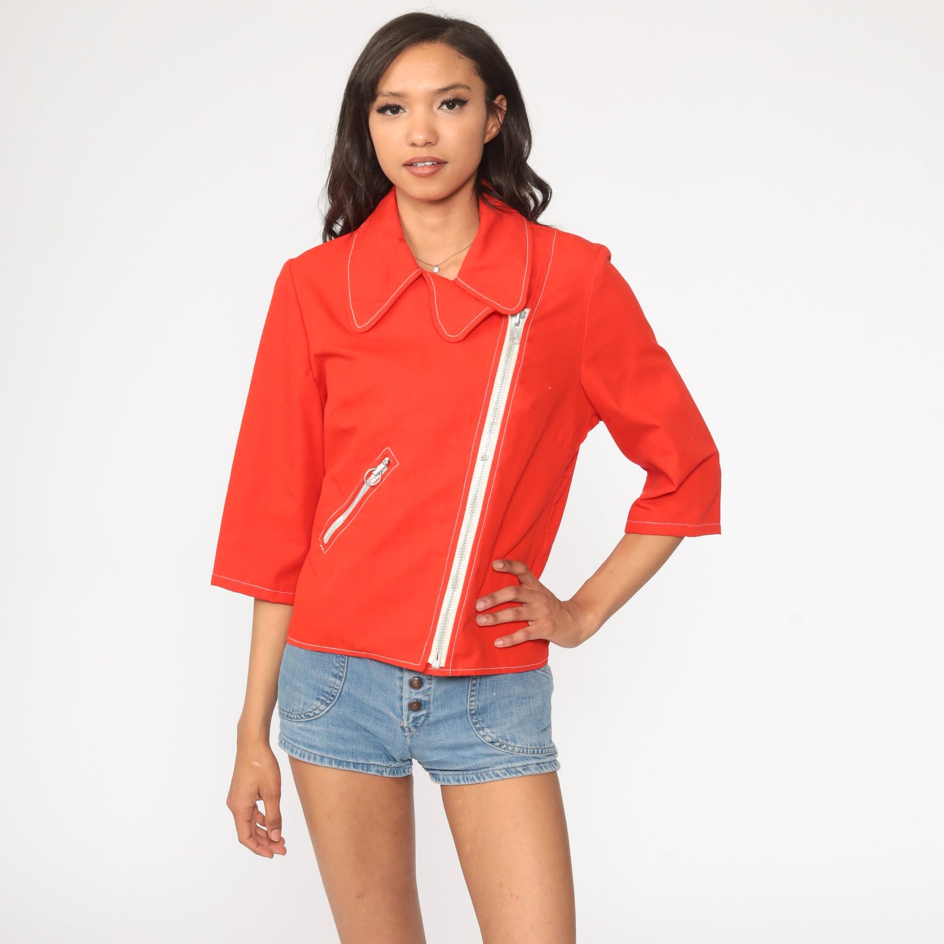 70s Red Zip Jacket Asymmetrical Collar 3/4 Sleeve Small Medium