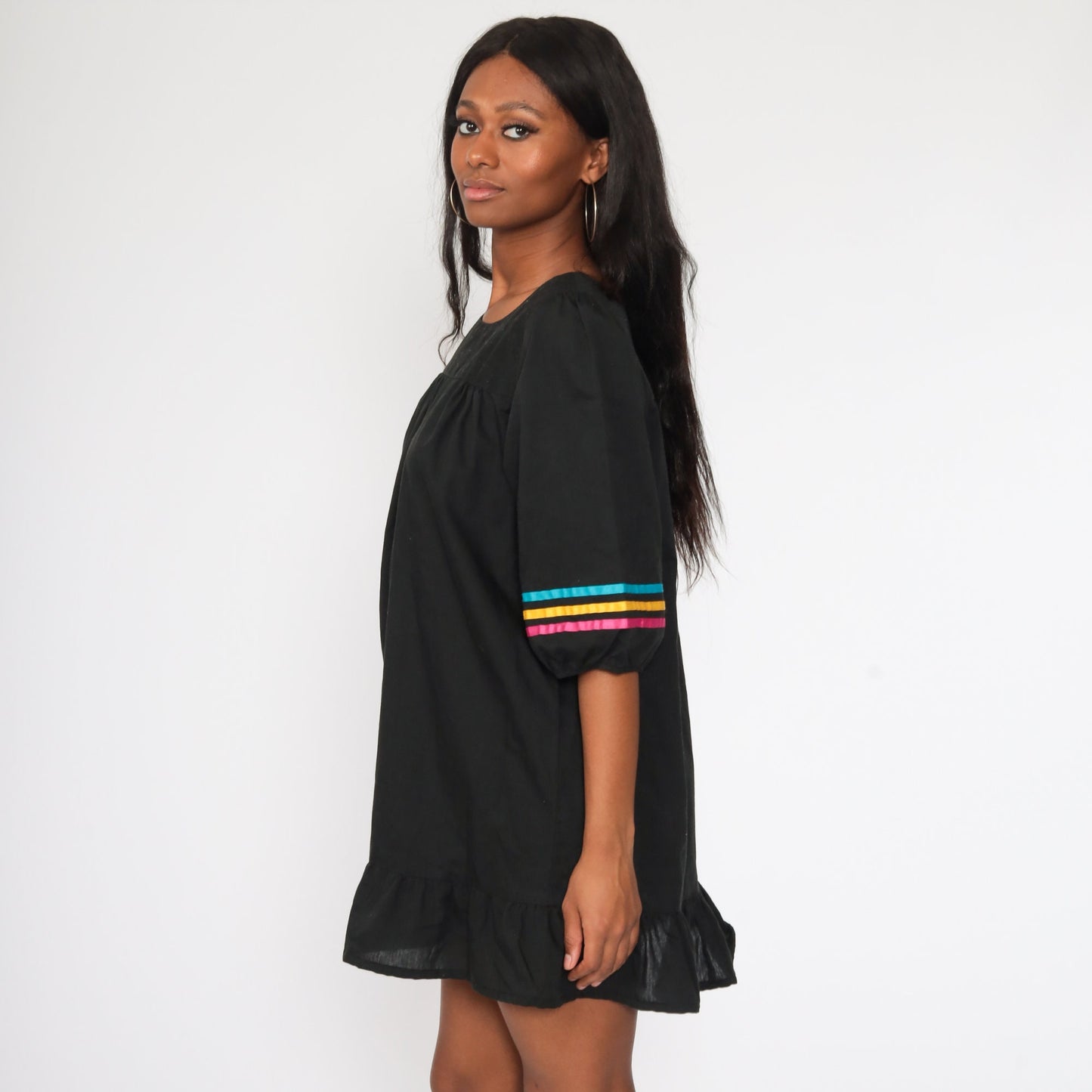 80s Black Puff Sleeve Mini Dress Tent Cut Ribbon Trim Medium