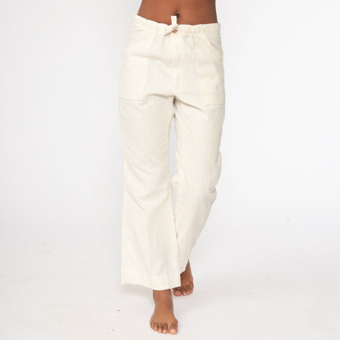 70s Bell Bottom Pants Off-White Cotton Drawstring Mid Rise Small
