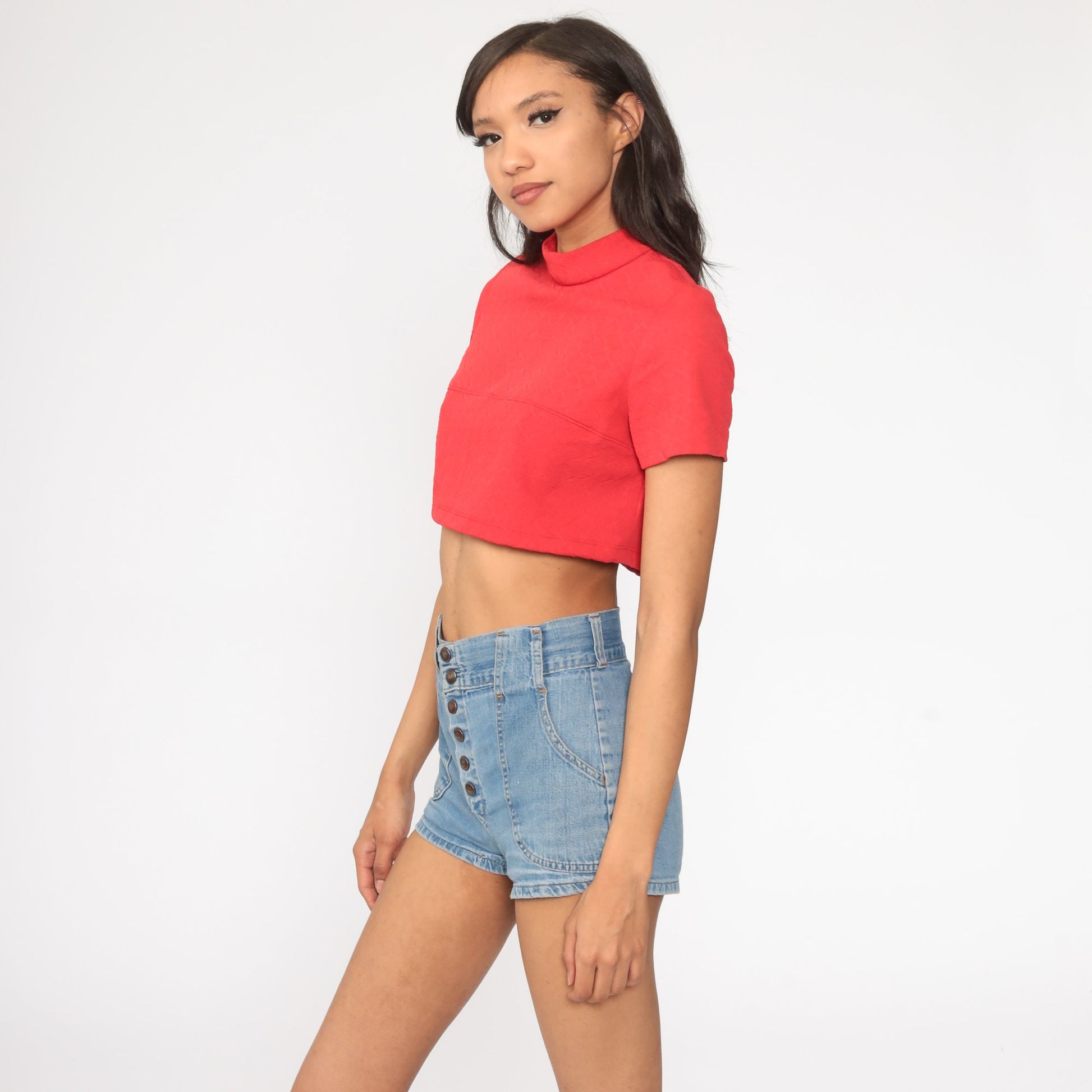 70s Red Mock Neck Crop Top Short Sleeve Polyester Shirt Small