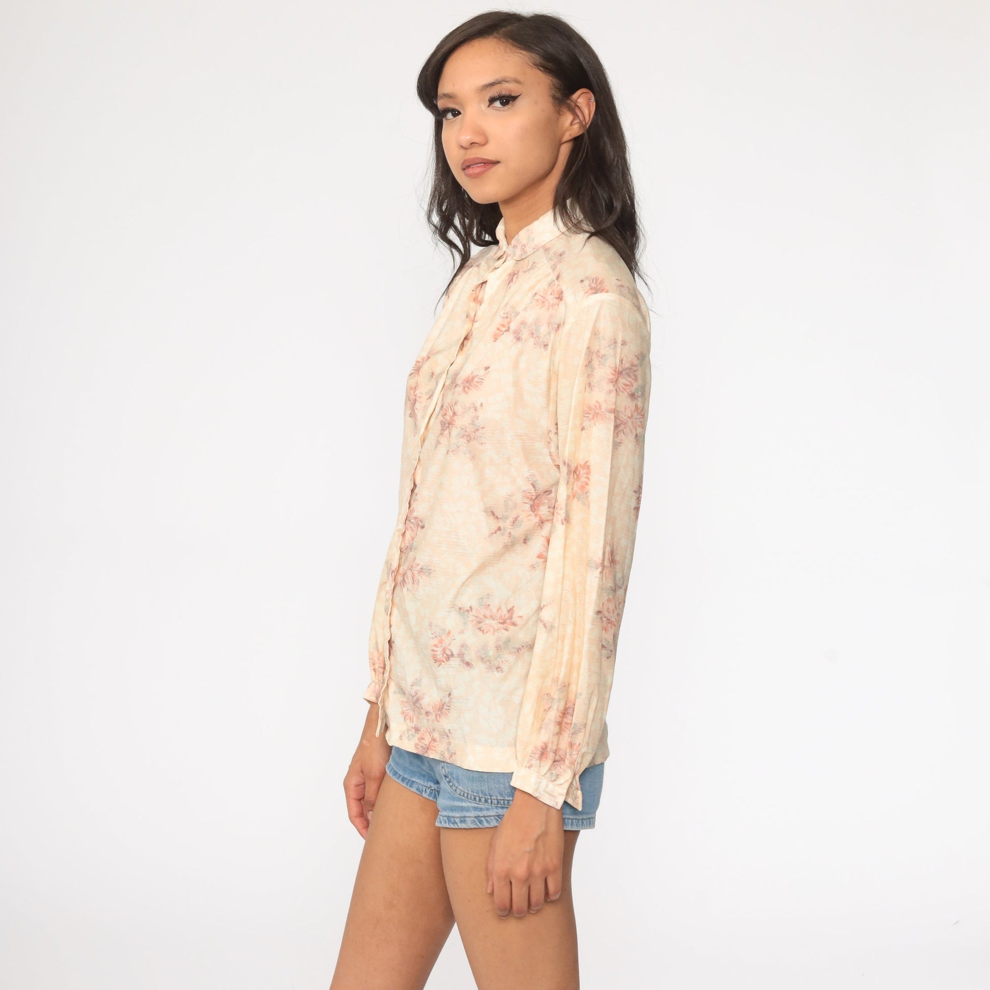 70s Floral Peter Pan Collar Blouse Cream Button-Up Long Sleeve Small