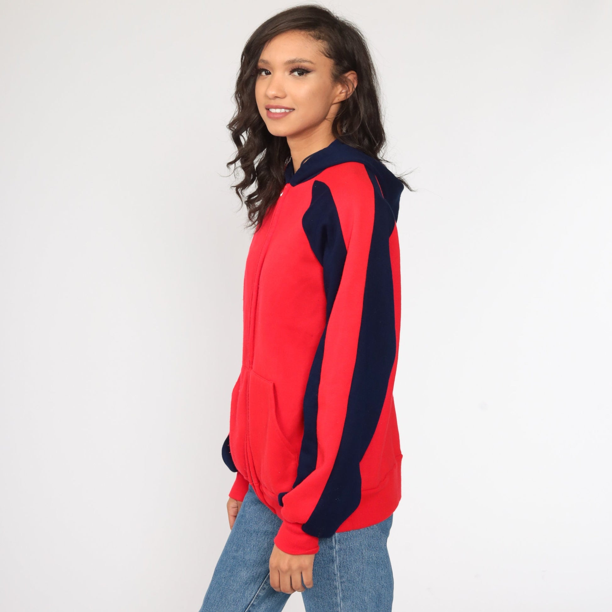 80s Navy Red Striped Zip-Up Hoodie Sweatshirt Medium Large