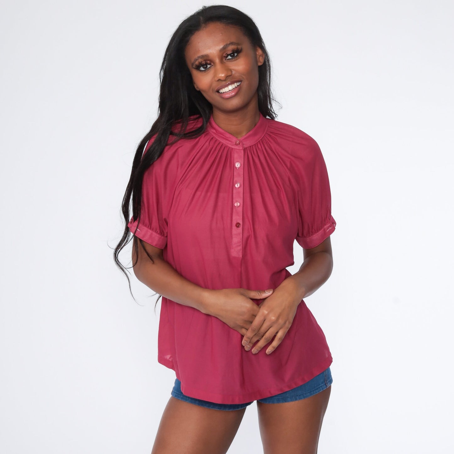 70s Deep Pink Button-Up Shirt Trapeze Cut Short Sleeve Medium