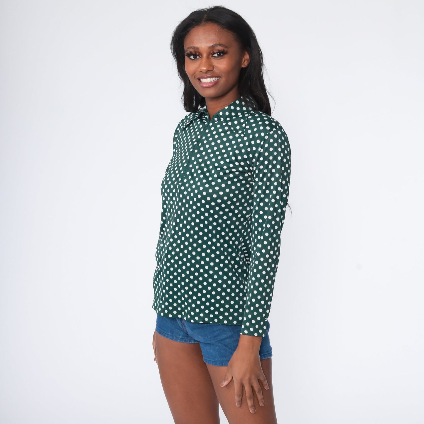 70s Green Polka Dot Zip-Up Blouse Long Sleeve Collared Shirt Medium