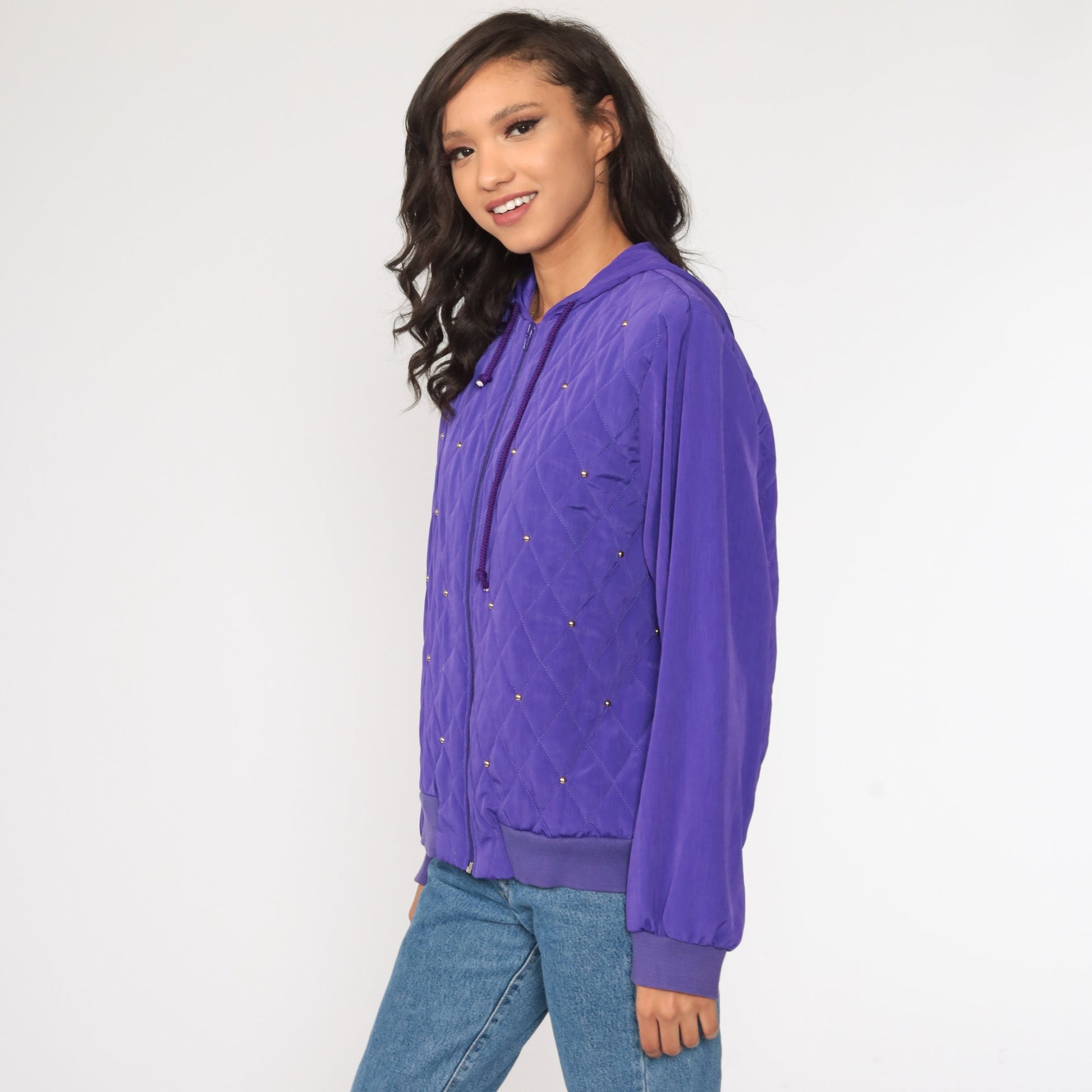 90s Purple Quilted Windbreaker Jacket Beaded Hooded Shell Large