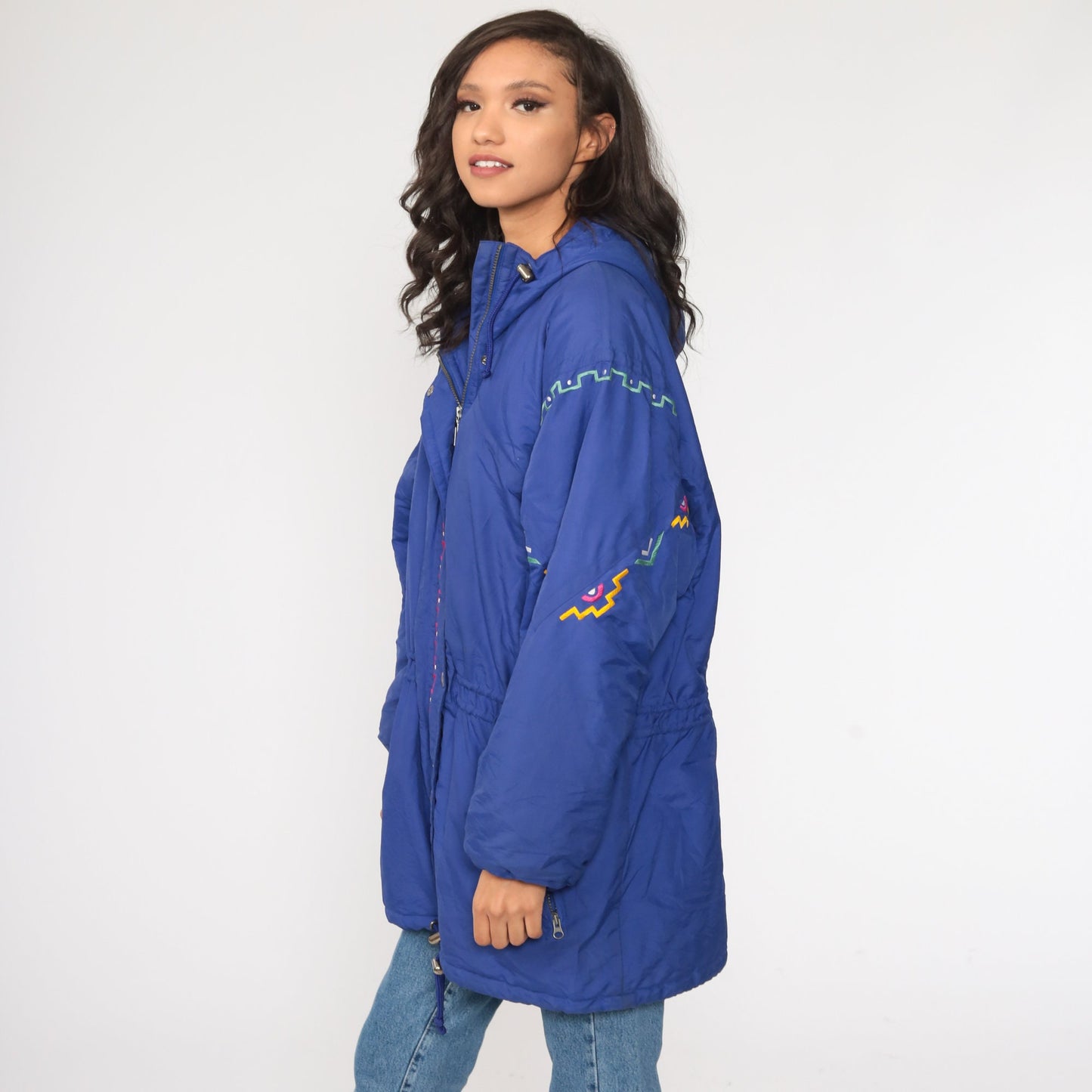 90s Purple Ski Jacket Southwestern Hooded Puffer Coat Large