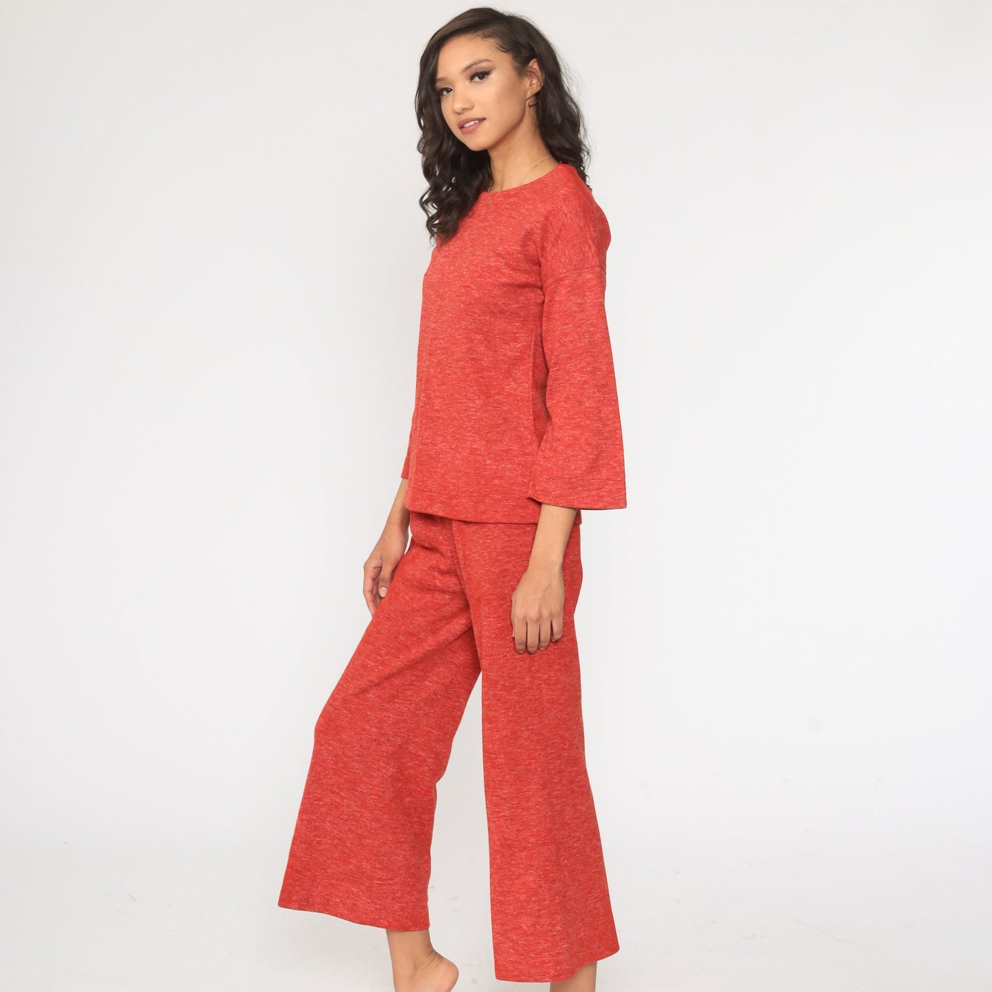 70s Red Bell Bottom Two Piece Set Long Sleeve Top Trousers Small