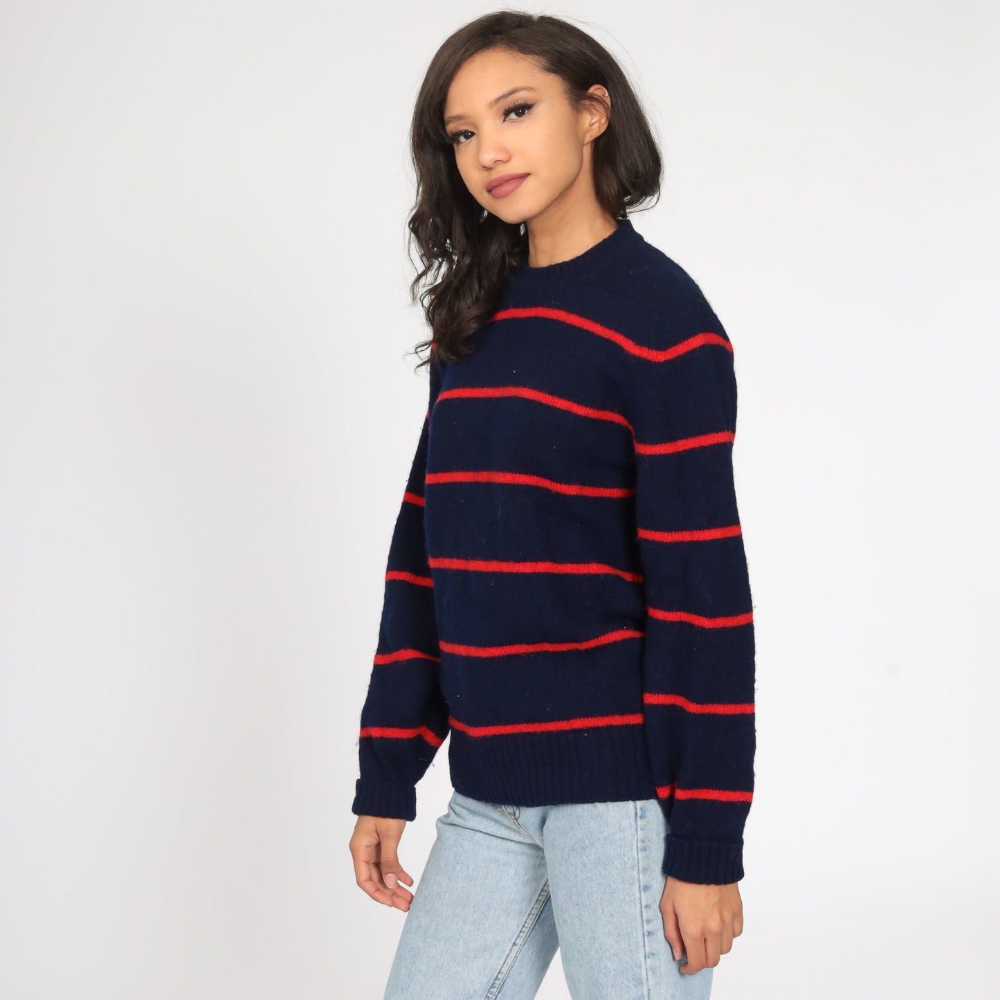 80s Blue and Red Striped Wool Pullover Sweater Knit Jumper Medium