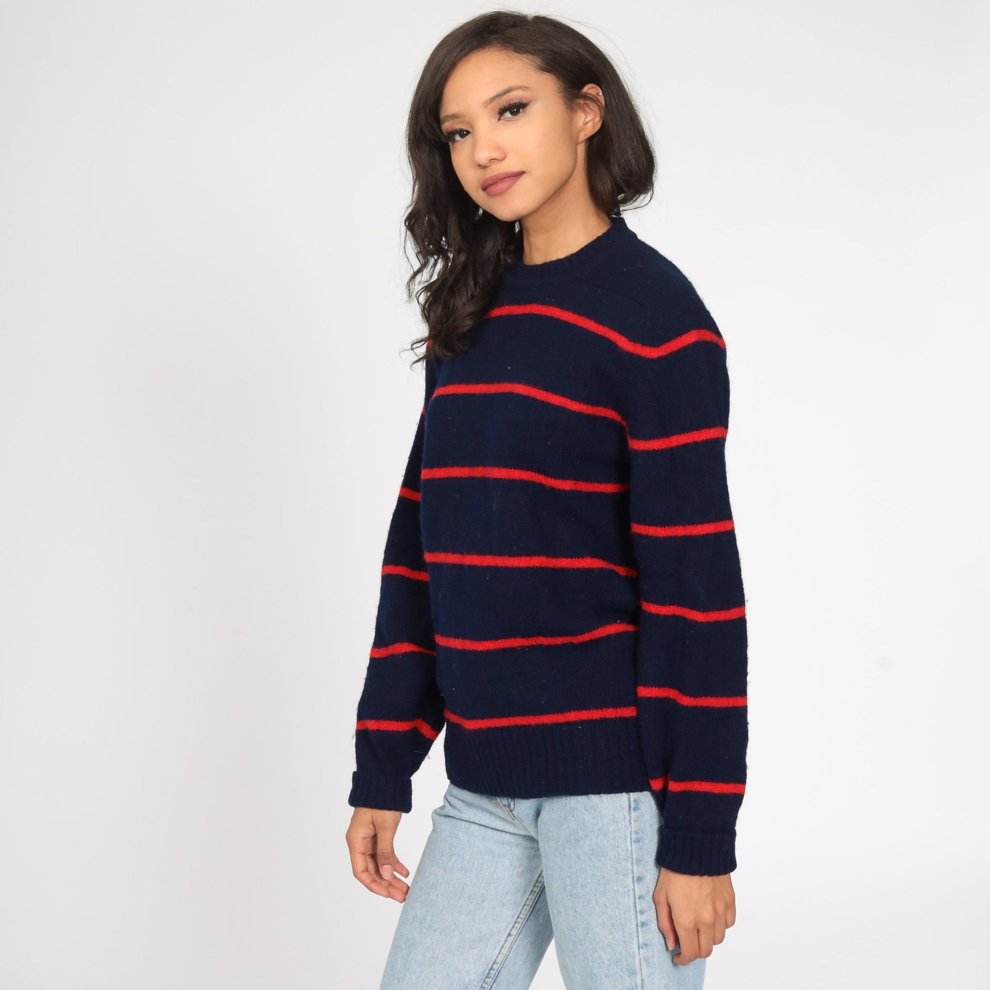 80s Blue and Red Striped Wool Pullover Sweater Knit Jumper Medium