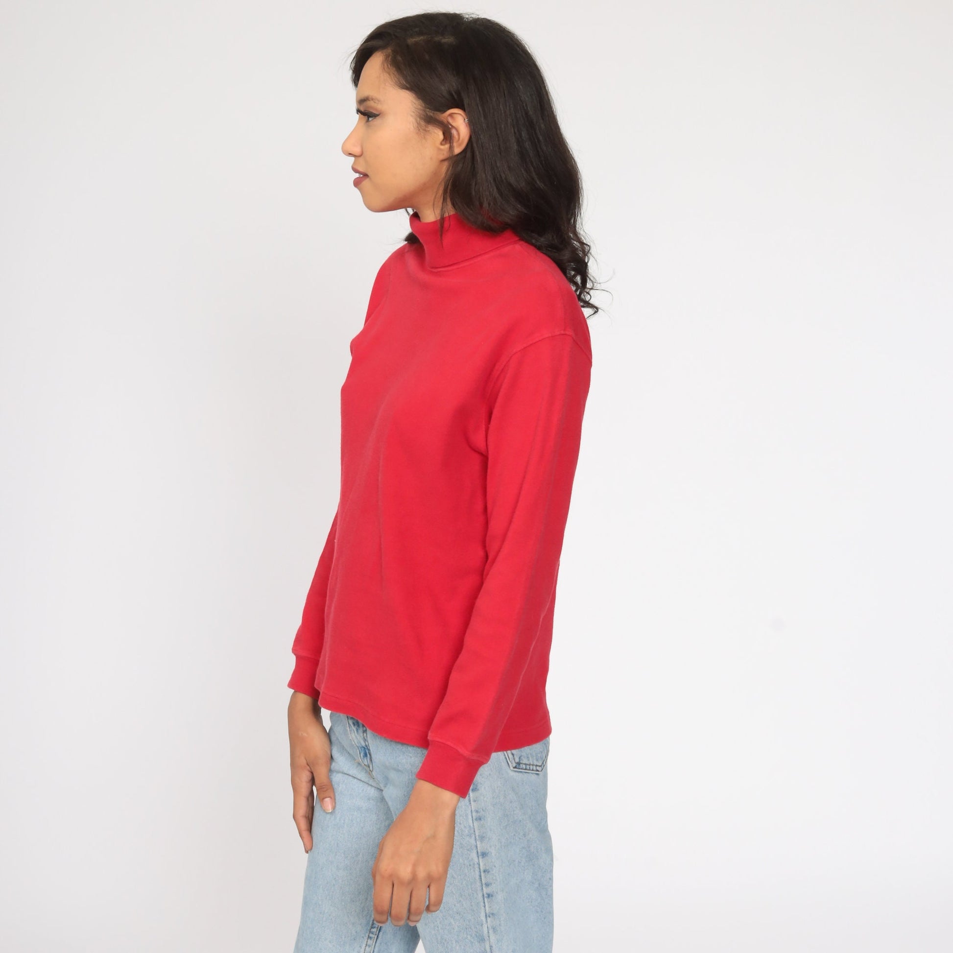 80s Red Turtleneck Long Sleeve Cotton Shirt Small Medium