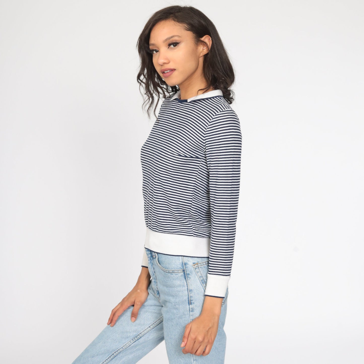 80s Blue White Striped Collared Shirt Long Sleeve Cotton Small