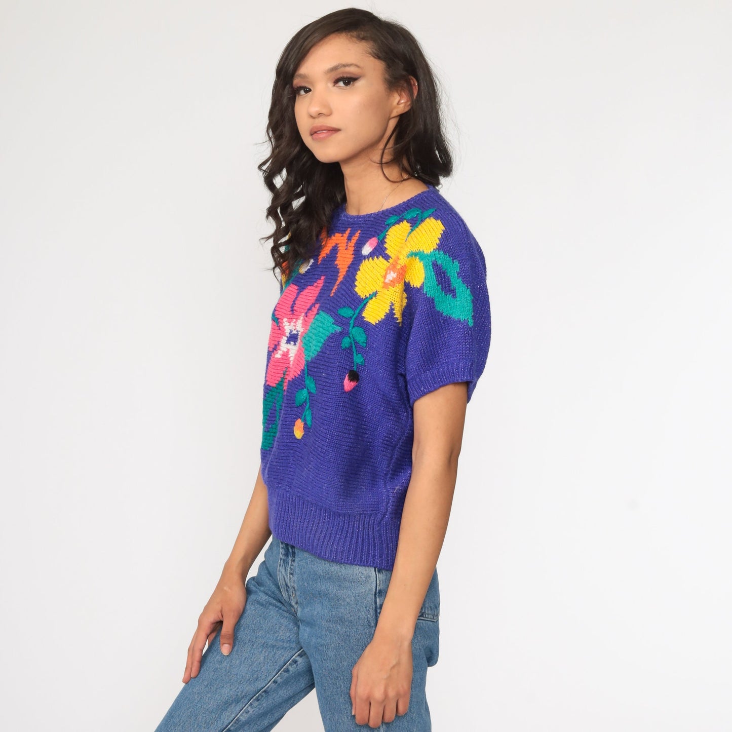 80s Purple Floral Knit Sweater Short Sleeve Top Medium