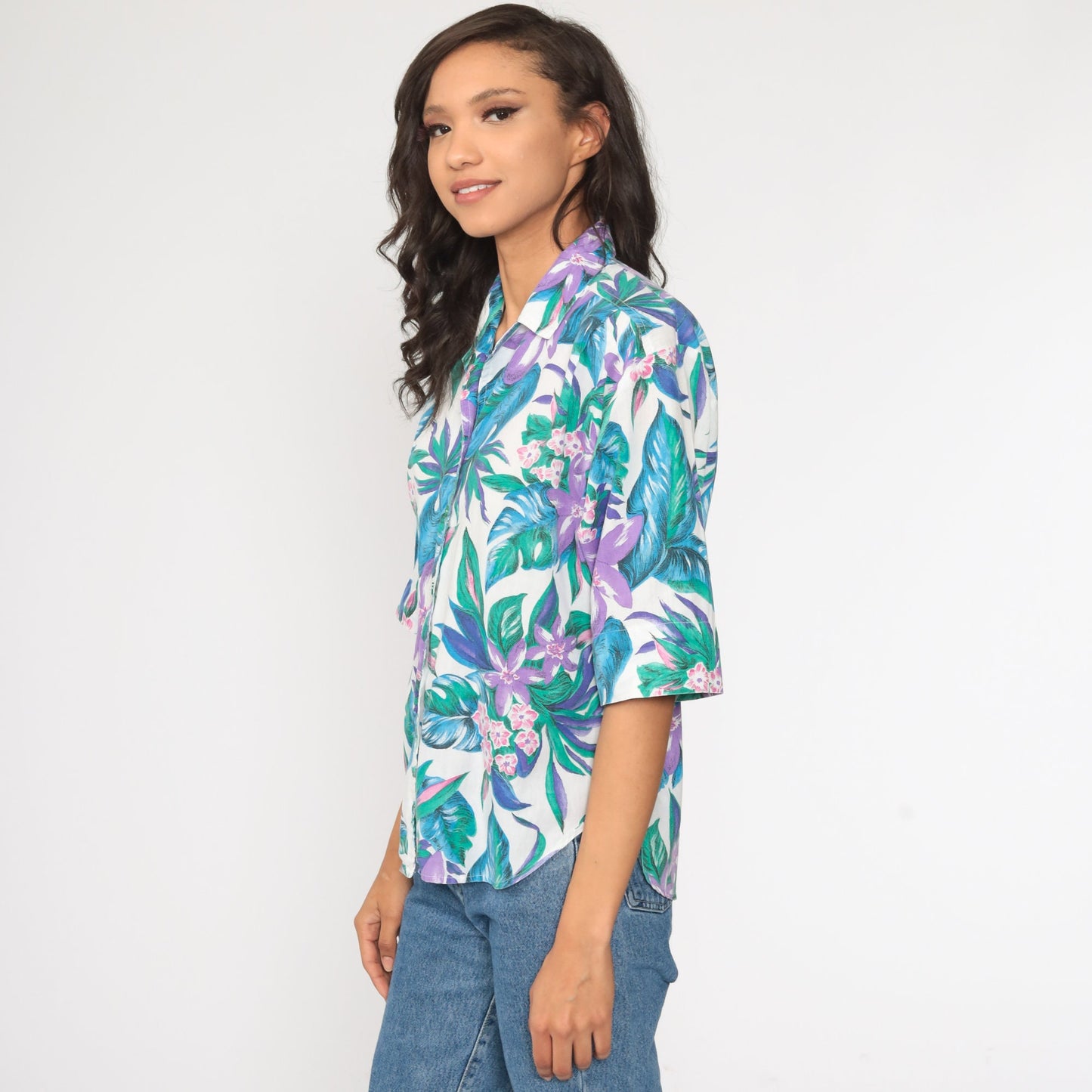 80s Tropical Floral Button-Up Shirt Green Purple Hawaiian Blouse Small