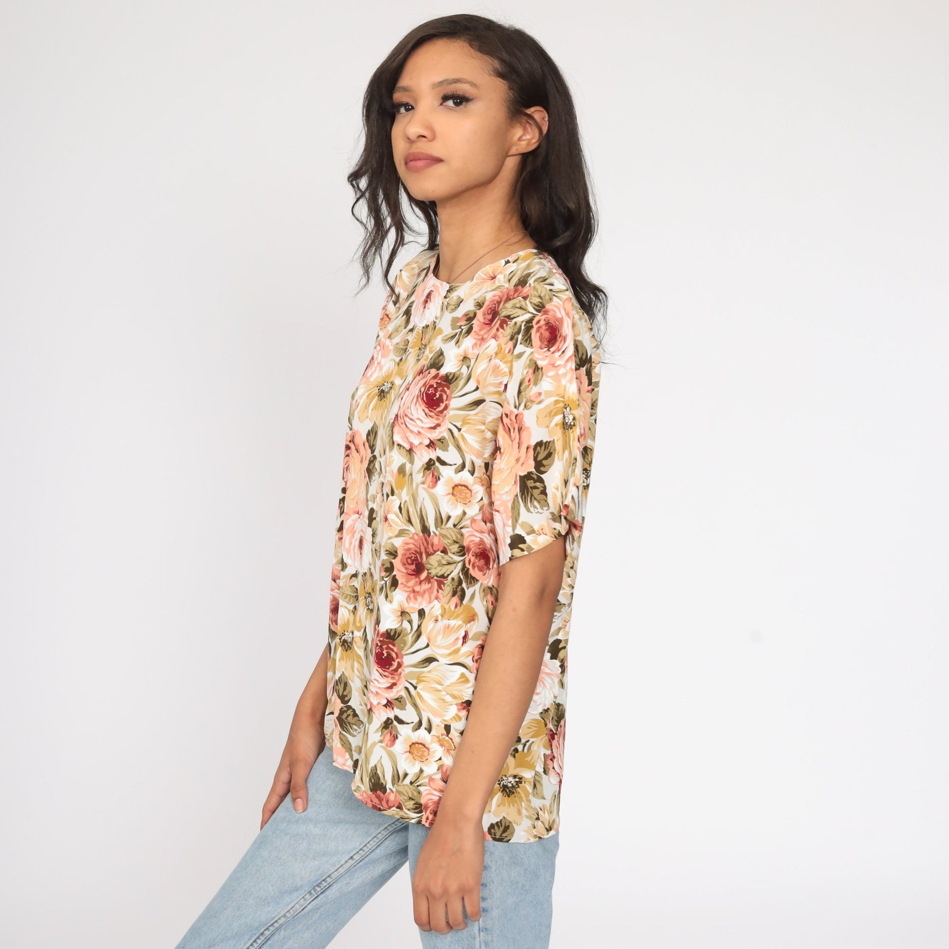 90s Floral Print Shirt Short Sleeve Blouse Polyester Medium