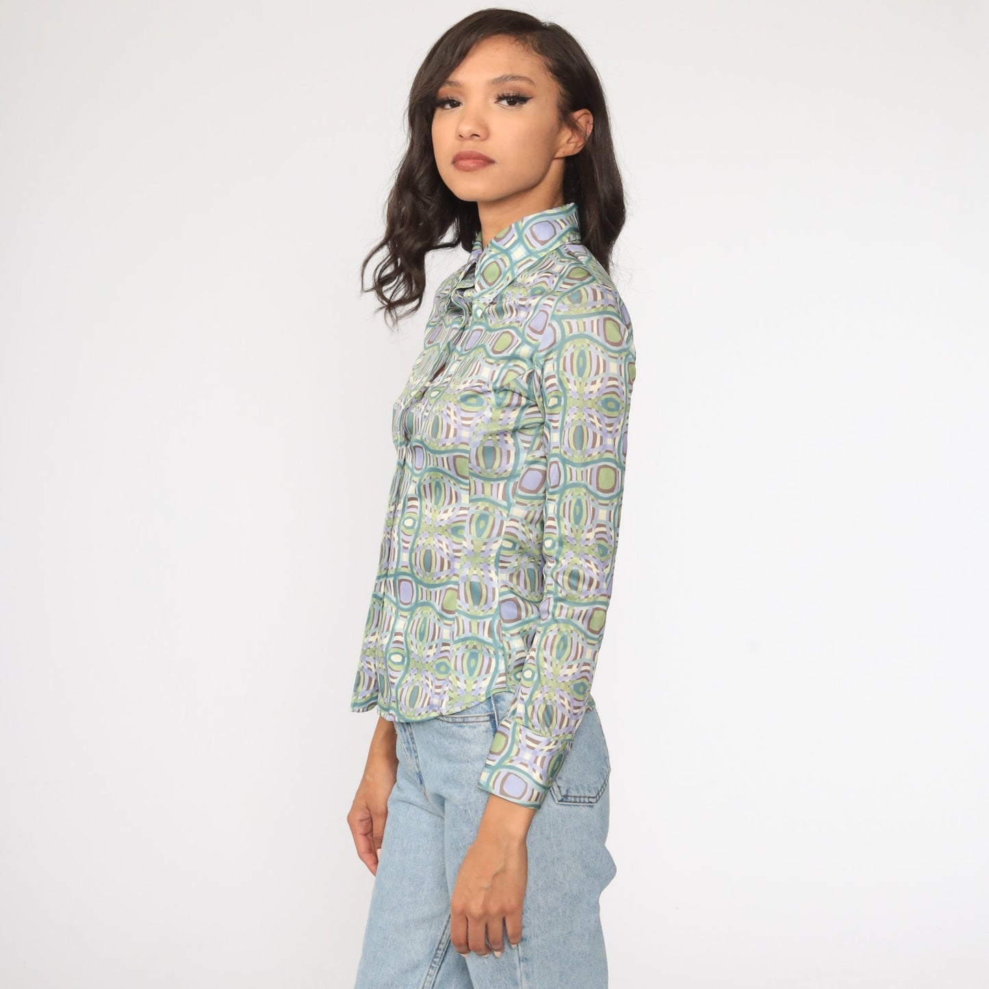 90s Geometric Print Button-Up Shirt Green Blue Long Sleeve Small