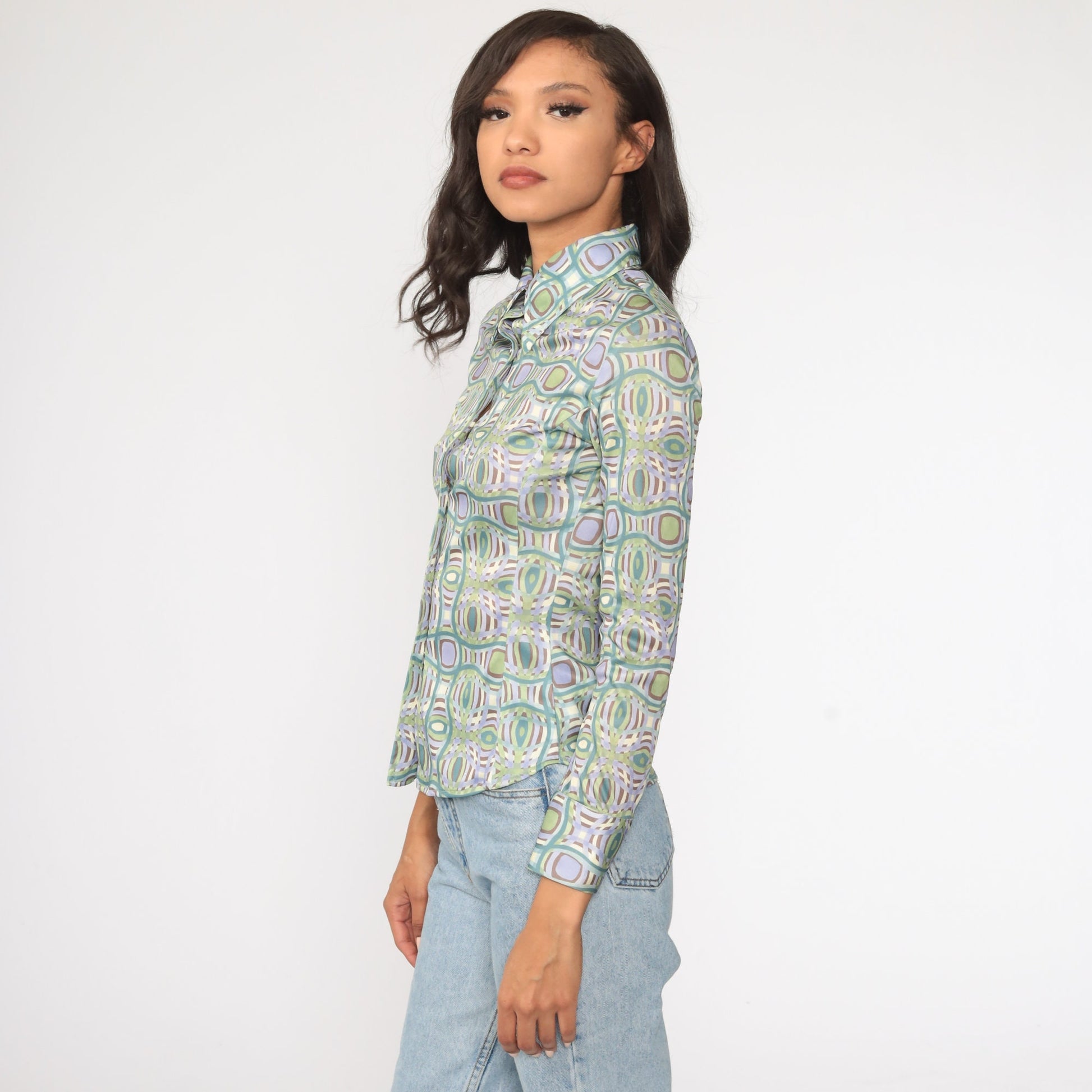 90s Geometric Print Button-Up Shirt Green Blue Long Sleeve Small