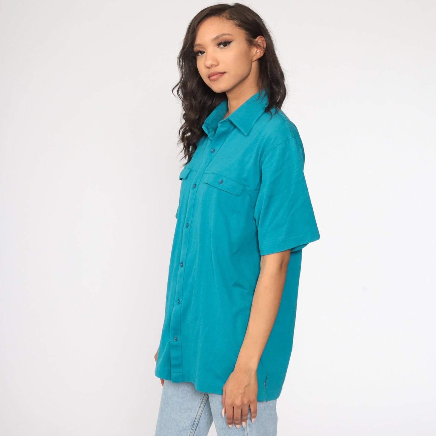 80s Teal Button-Up Shirt Short Sleeve Vintage Unisex Large