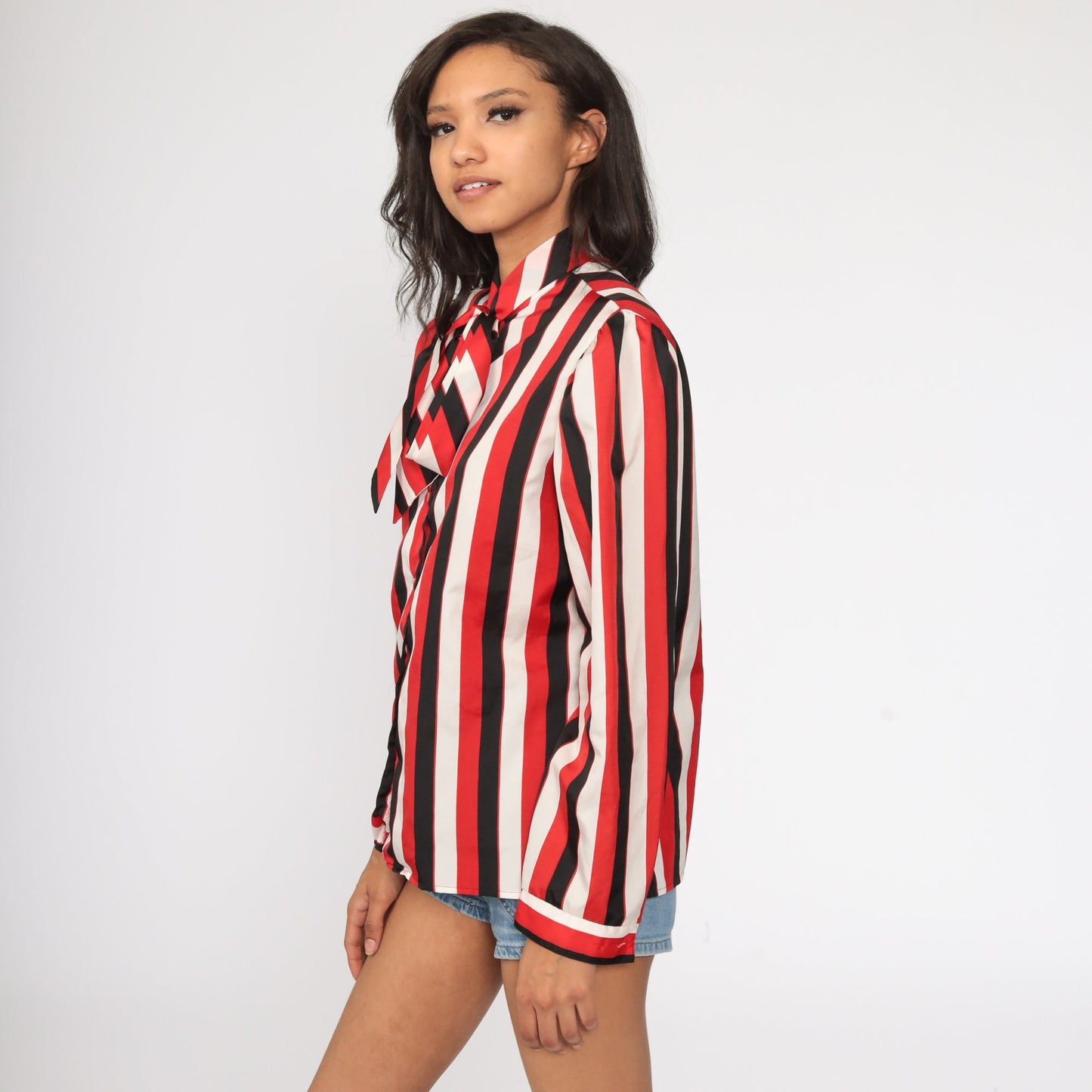 80s Striped Ascot Blouse Red Black White Puff Sleeve Button Up Medium