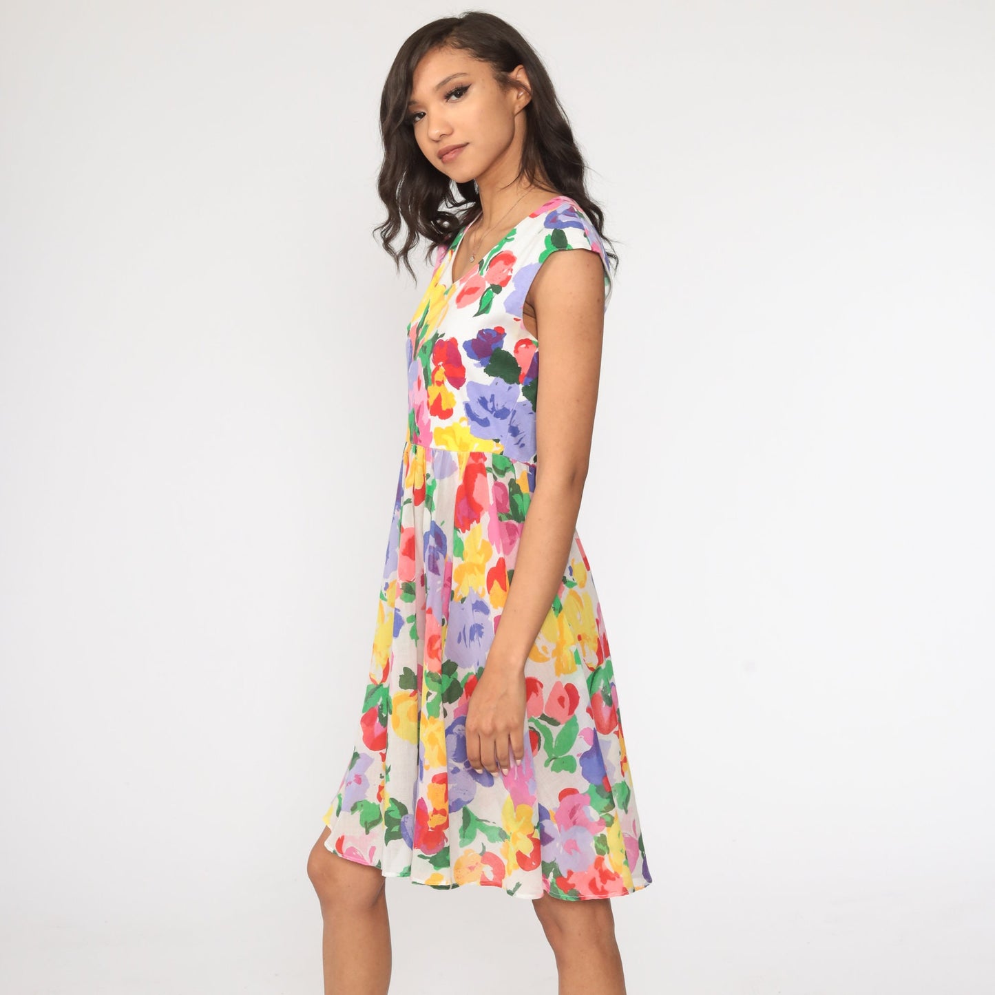 70s Floral Mini Dress White Cap Sleeve High Waist Small Medium