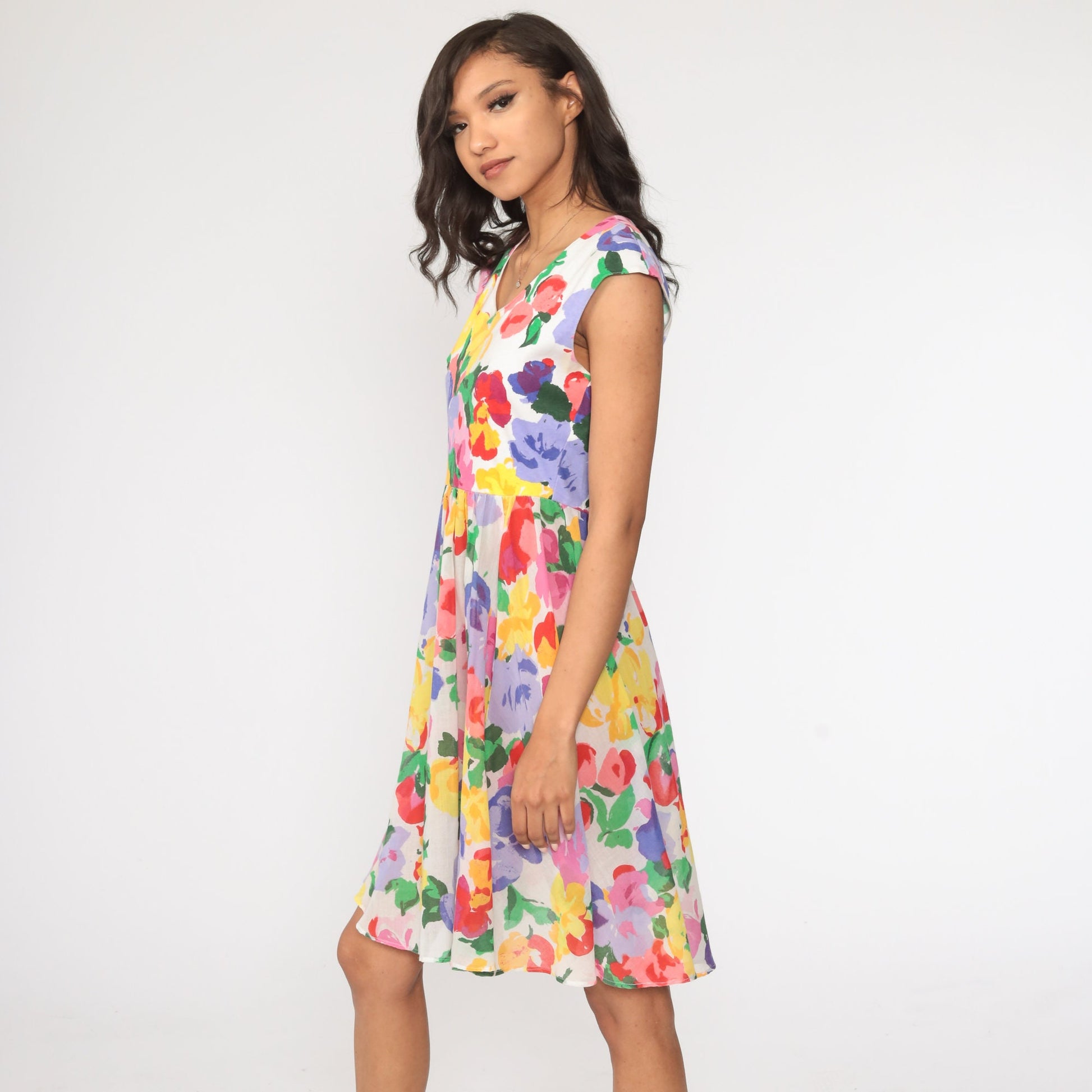 70s Floral Mini Dress White Cap Sleeve High Waist Small Medium