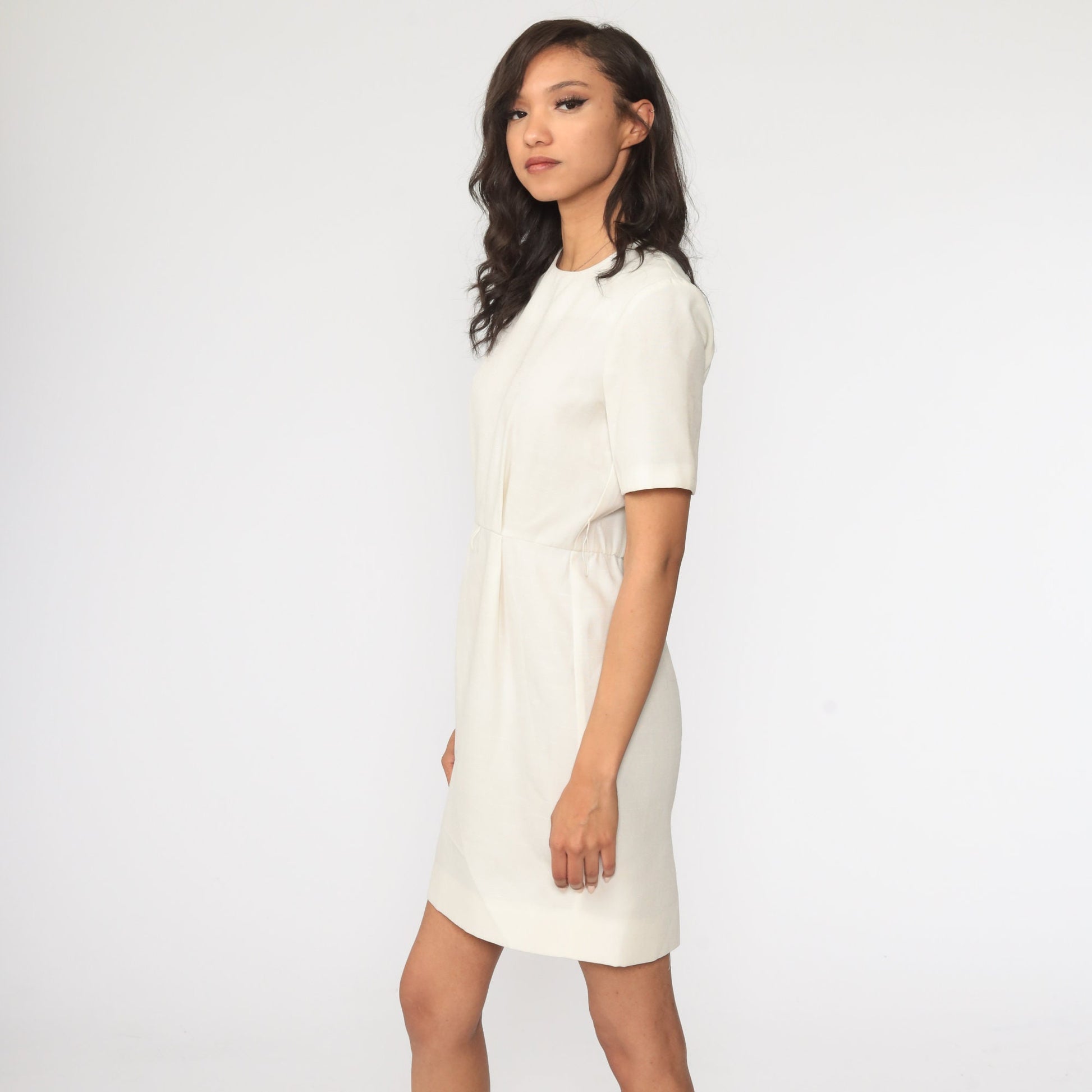 80s Off-White High Waist Mini Dress Short Sleeve Small S