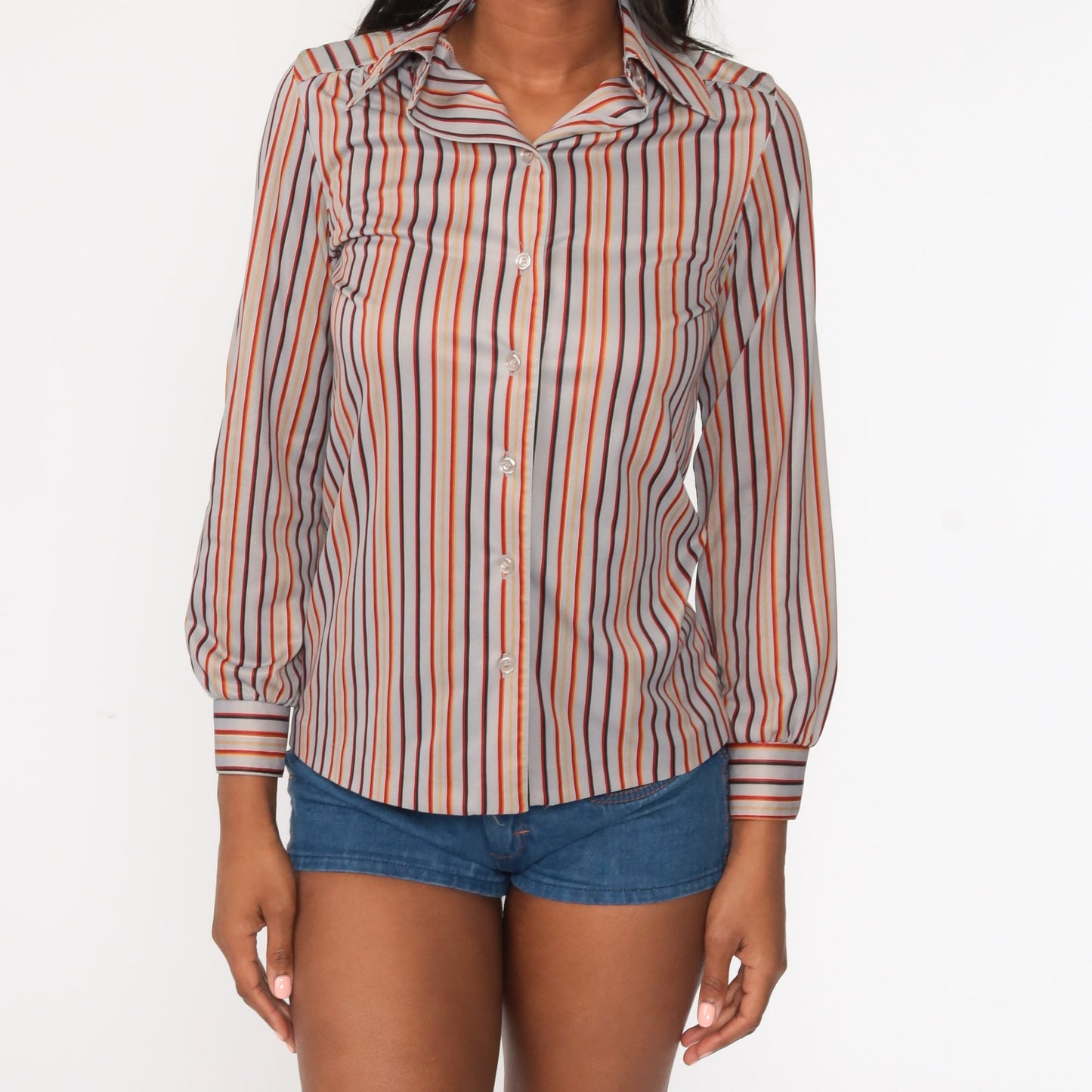 70s Striped Grey Button-Up Shirt Long Sleeve Disco Blouse Small