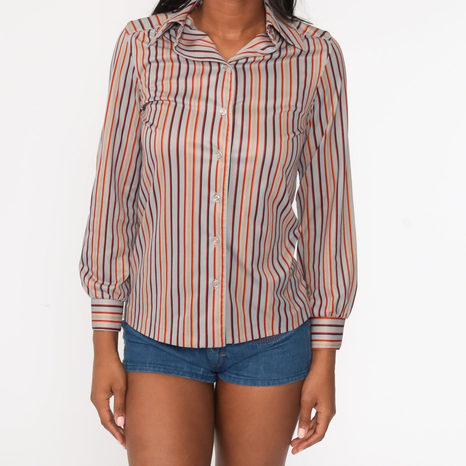 70s Striped Grey Button-Up Shirt Long Sleeve Disco Blouse Small